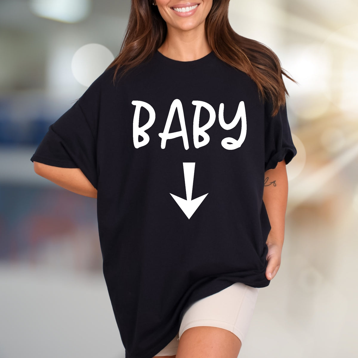"BABY" Arrow Down Pregnancy Reveal Graphic Tee, a Future Parent Pick for Expecting Moms