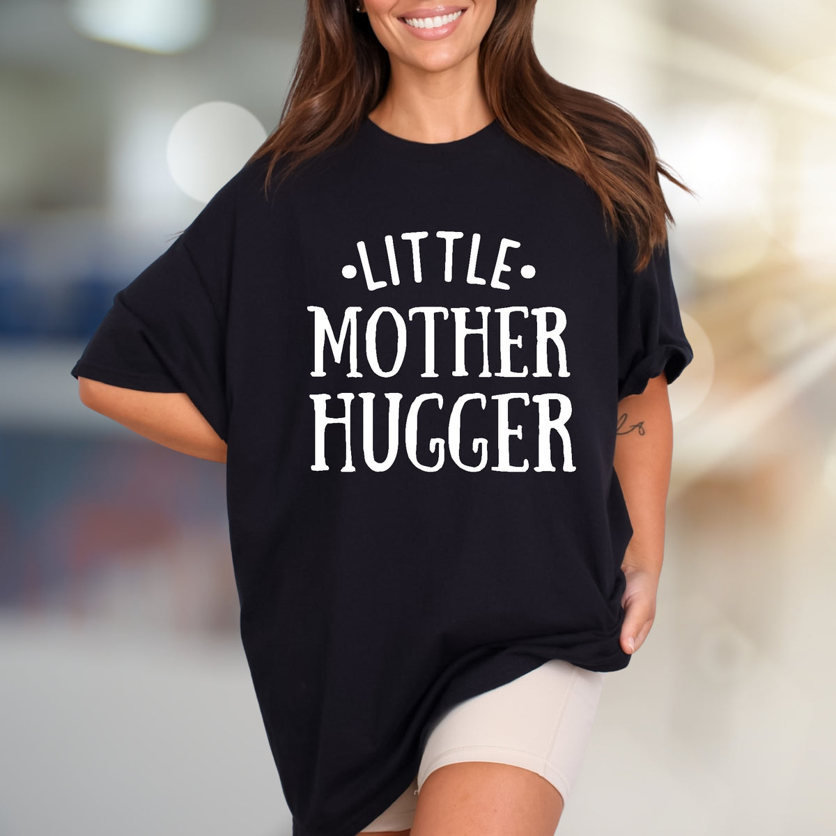 "Little Mother Hugger" Funny Mom Life Graphic Tee, a Sweet Gift for Her