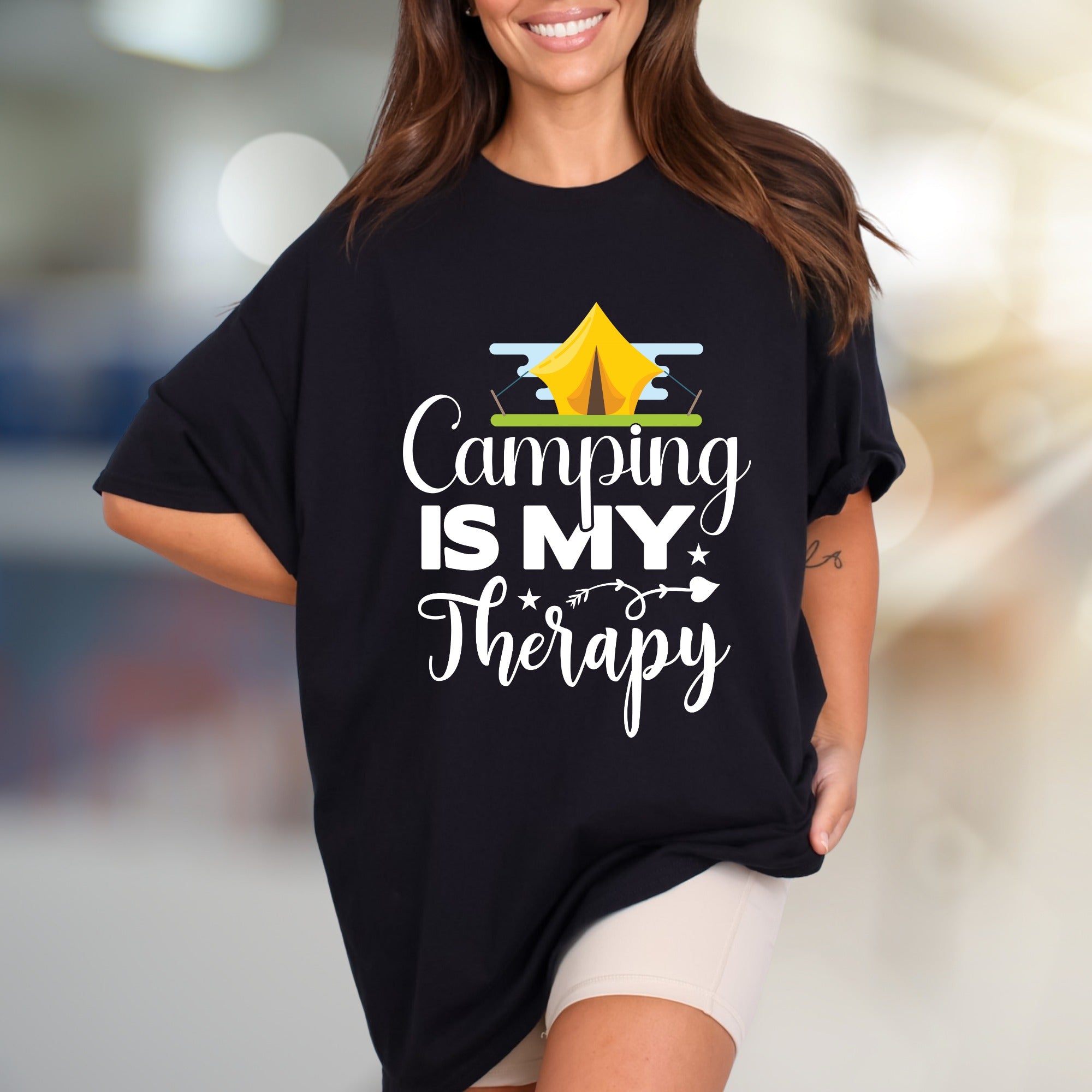 "Camping Is My Therapy" Outdoor Adventure Graphic Tee, a Nature-Lover's Pick for Casual Wear