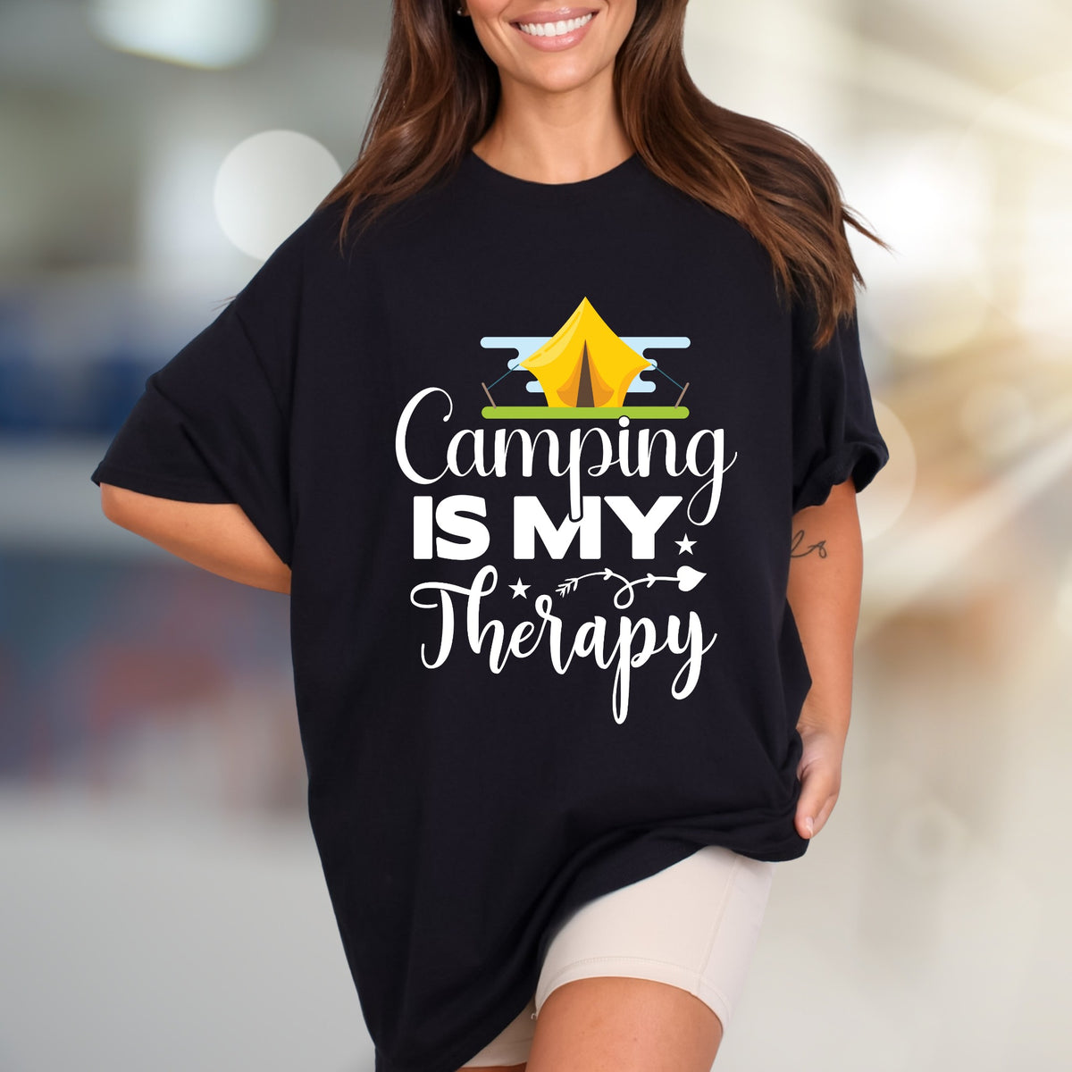 "Camping Is My Therapy" Outdoor Adventure Graphic Tee, a Nature-Lover's Pick for Casual Wear