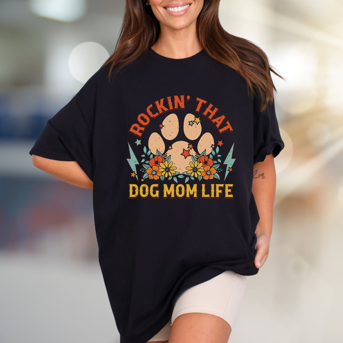 "Rockin' That Dog Mom Life" Retro Dog Mama Graphic Tee, a Paw Print Style Pick for Pet Owners