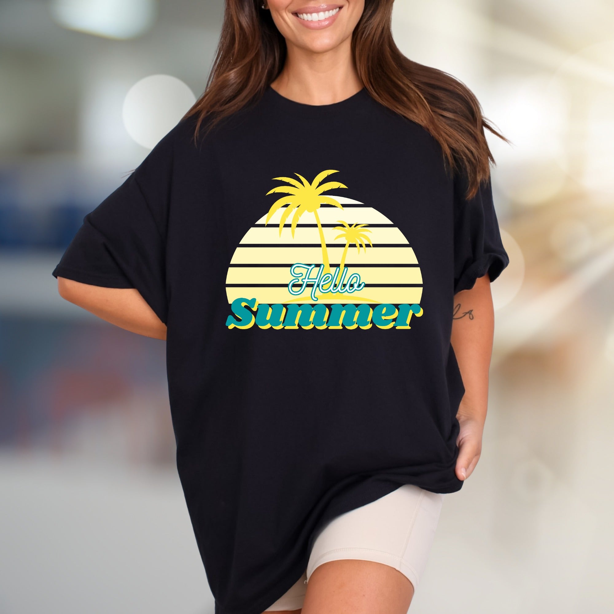 "Hello Summer" Tropical Sunset Graphic Tee, a Vacation Vibes Pick for Beach Lovers