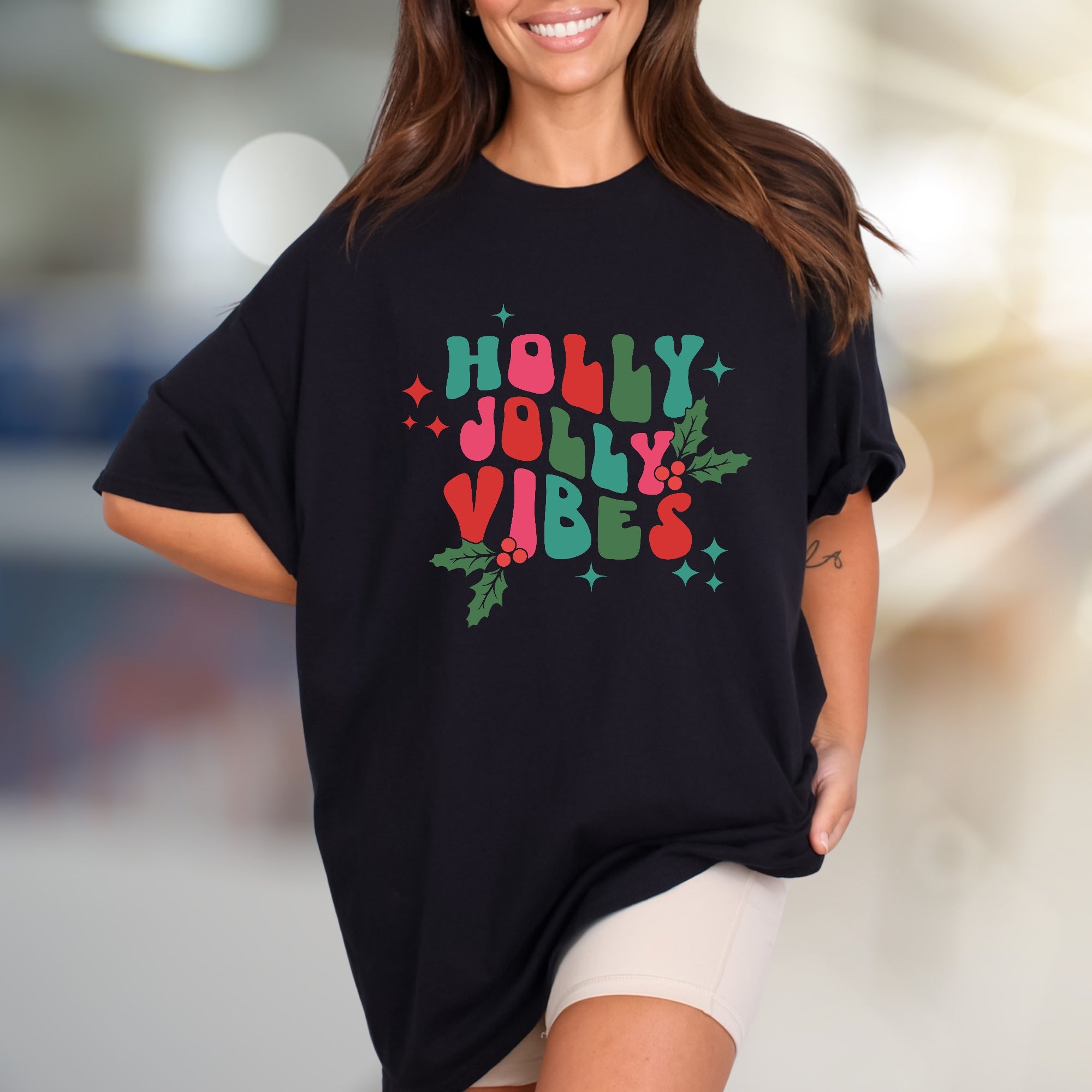 "Holly Jolly Vibes" Retro Holiday Graphic Tee, a Festive Pick for Christmas Lovers