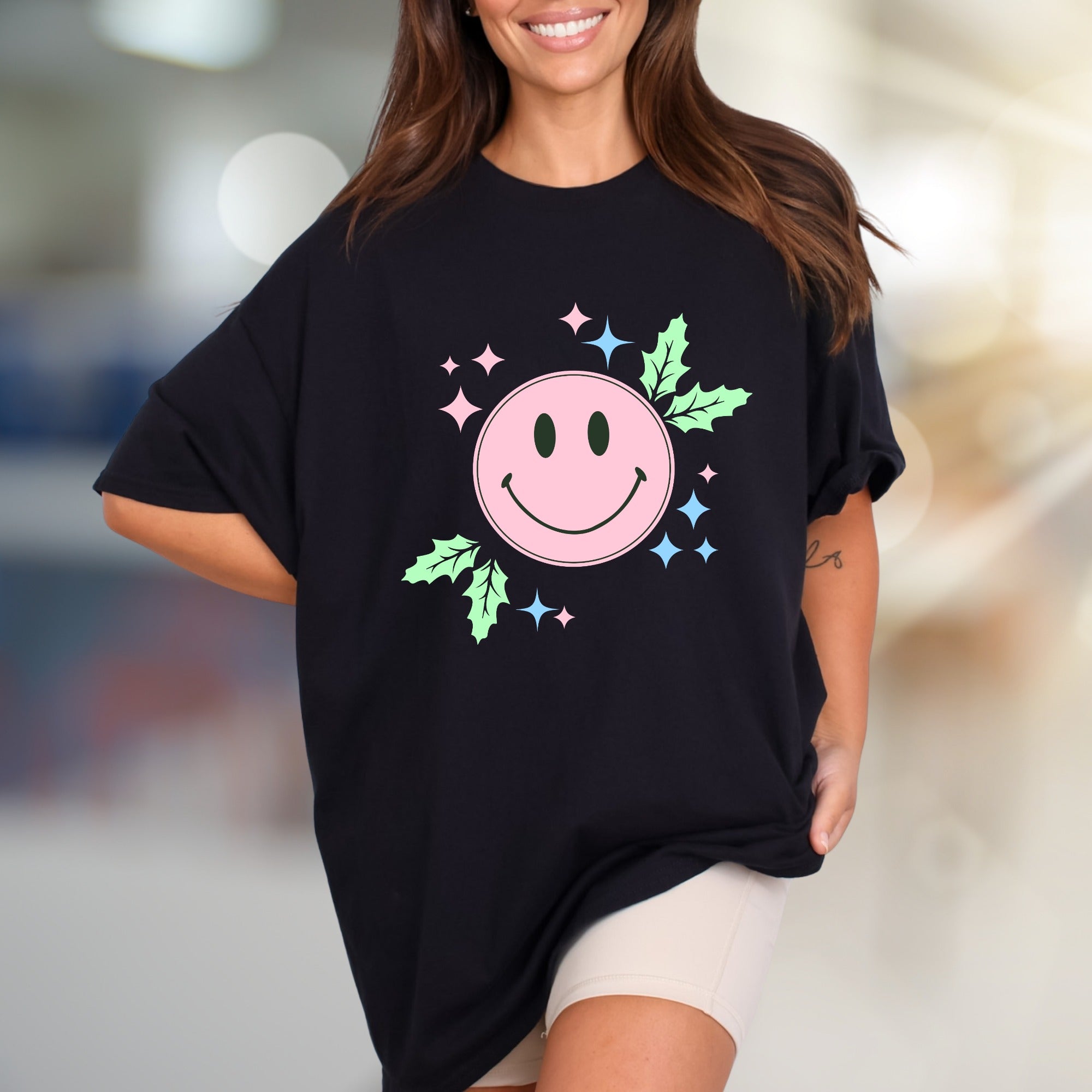 Happy Holly Jolly Smile Face Graphic Tee, a Festive Comfort Pick for Joyful Spirits
