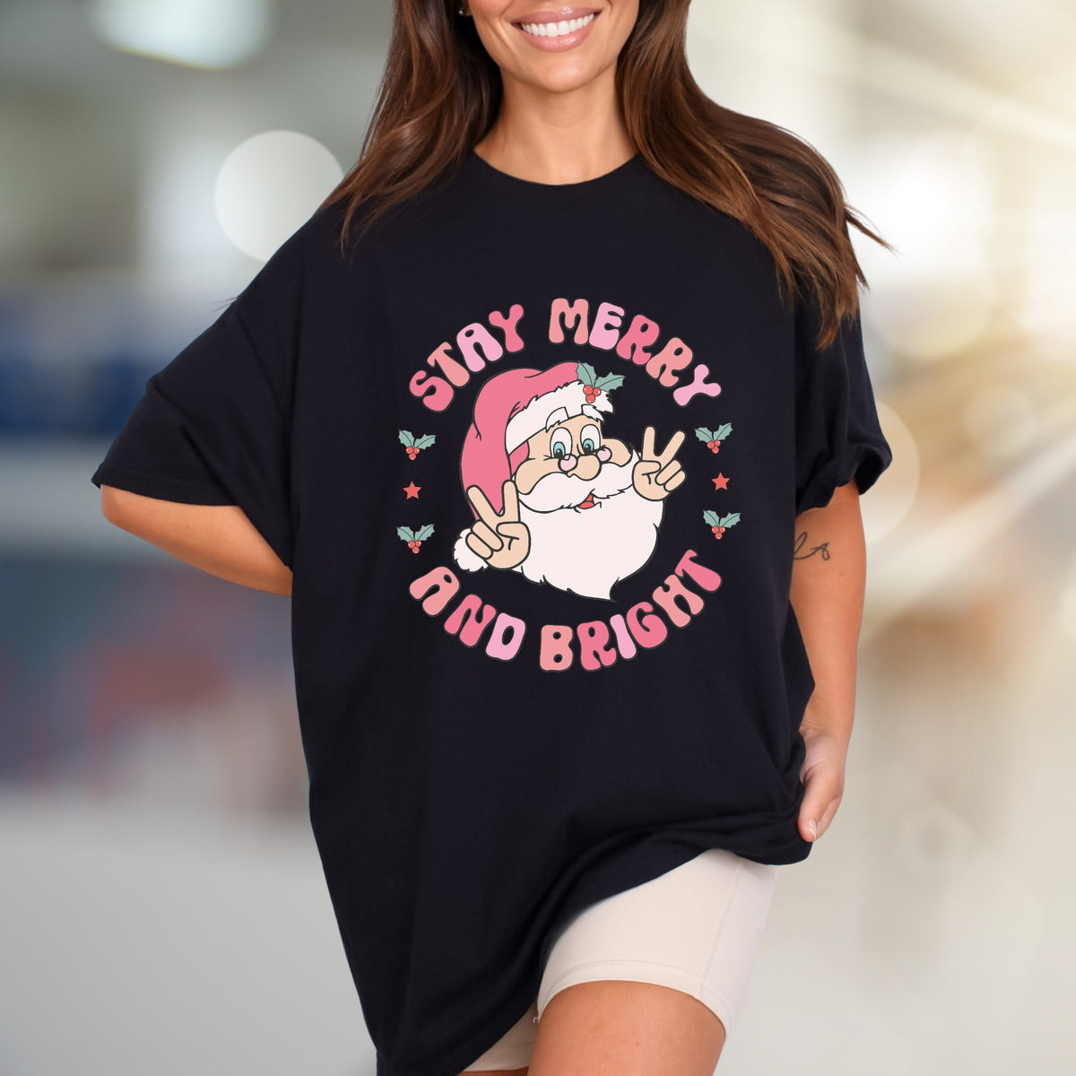 "Stay Merry and Bright" Groovy Santa Graphic Tee, a Retro Christmas Pick for Holiday Lovers