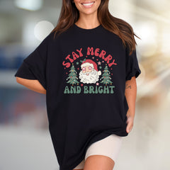 "Stay Merry and Bright" Festive Santa Graphic Tee, a Retro Christmas Pick for Holiday Lovers