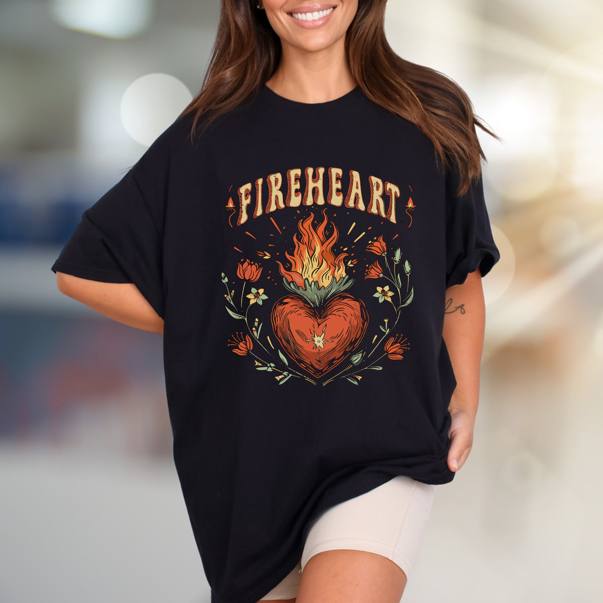 "FIREHEART" Mystical Bloom Graphic Tee, a Boho Chic Pick for Free Spirits