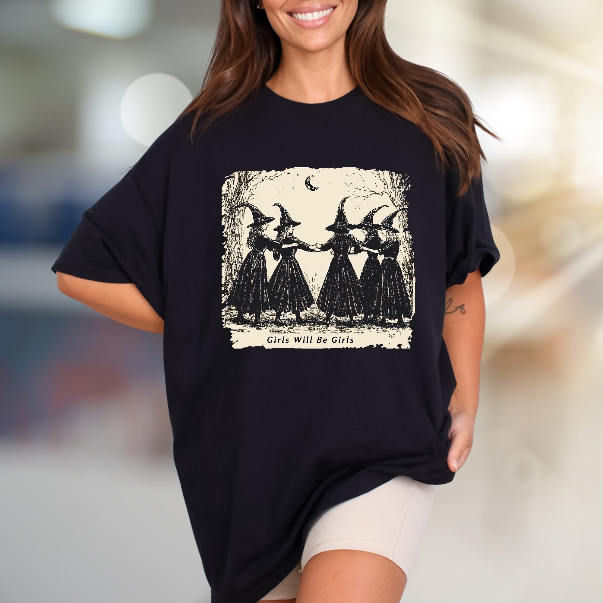 "Girls Will Be Girls" Witchy Sisterhood Graphic Tee, A Mystical Folk Art Pick for Free Spirits