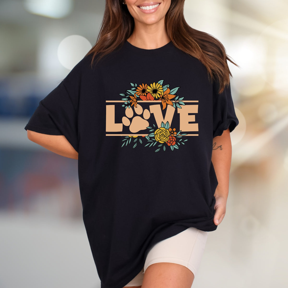 "LOVE" Floral Paw Print Graphic Tee, a Bohemian Pet Lover's Pick for Everyday Style