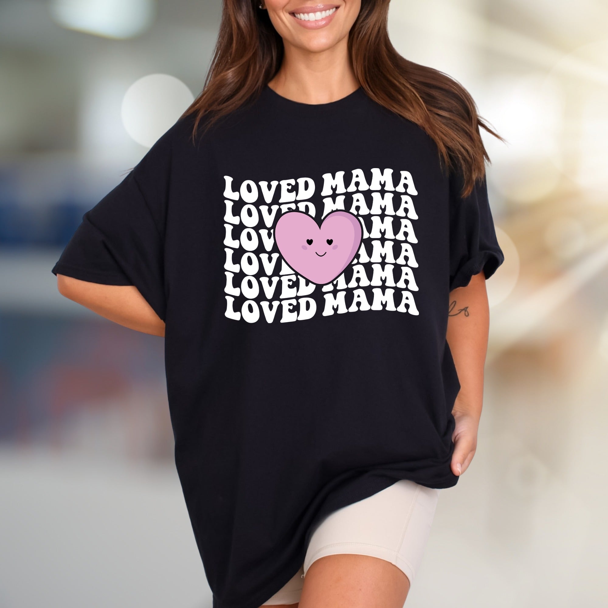 "LOVED MAMA" Retro Wavy Heart Graphic Tee, a Sweet Mother's Day Pick for Her