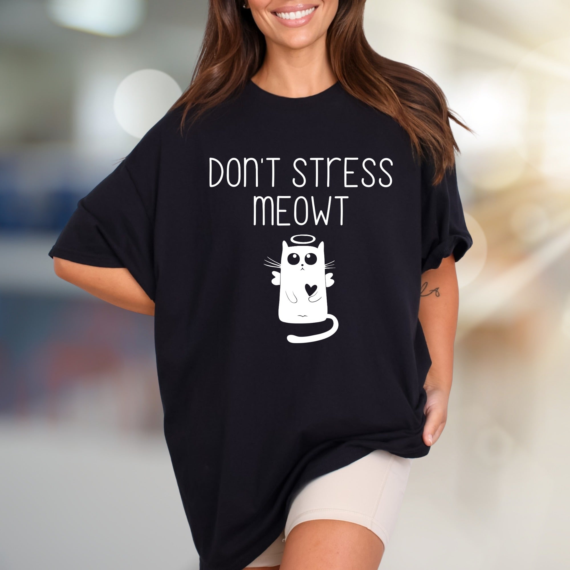 "Don't Stress Meowt" Angel Cat Graphic Tee, a Whimsical Pick for Cat Lovers
