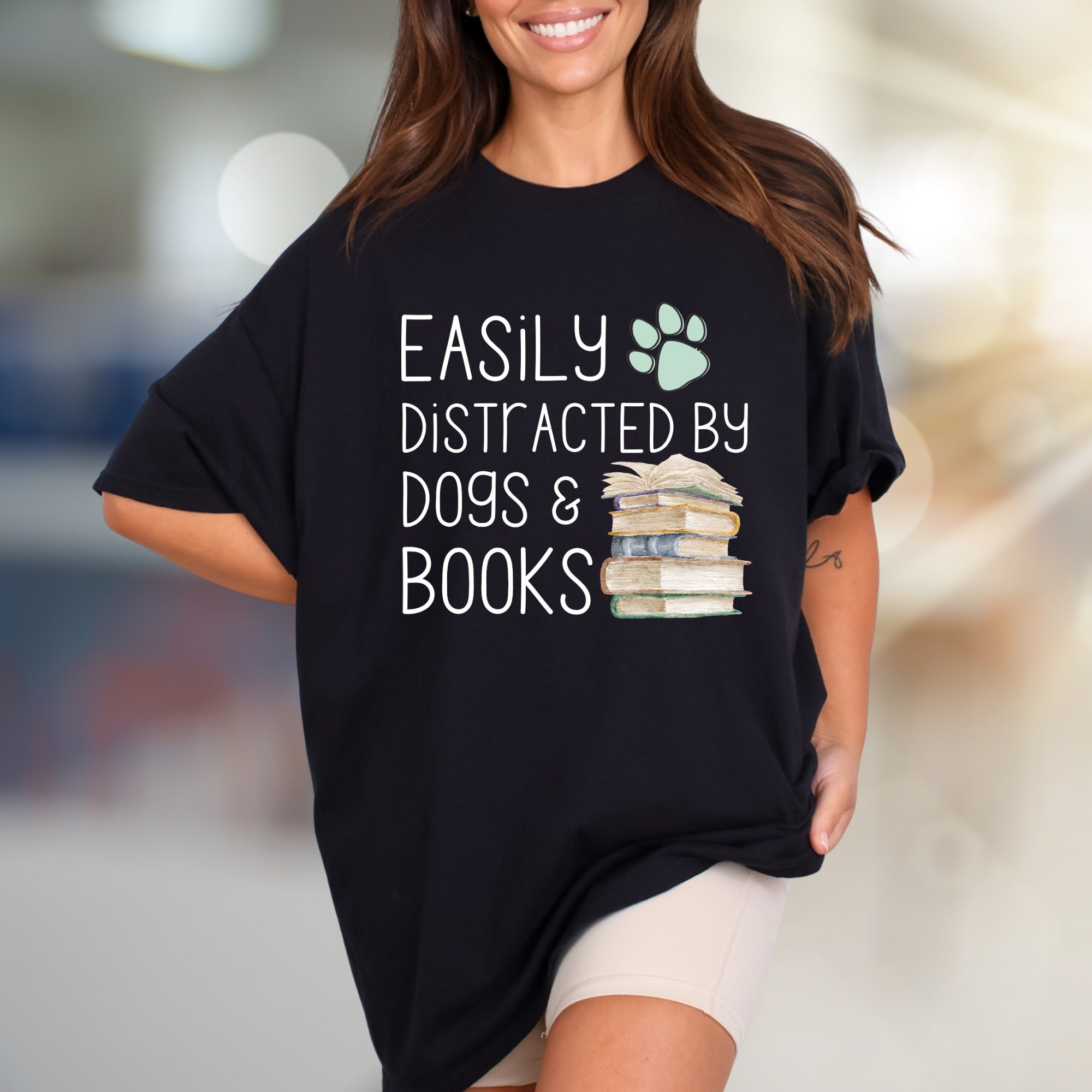"Easily Distracted by Dogs & Books" Cozy Graphic Tee, a Pet Lover's Pick for Readers