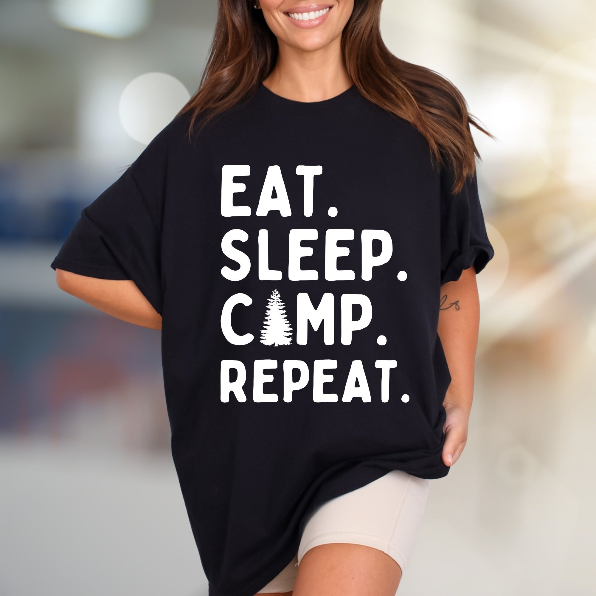"Eat Sleep Camp Repeat" Outdoors Graphic Tee, a Nature Lover's Pick for Adventurers