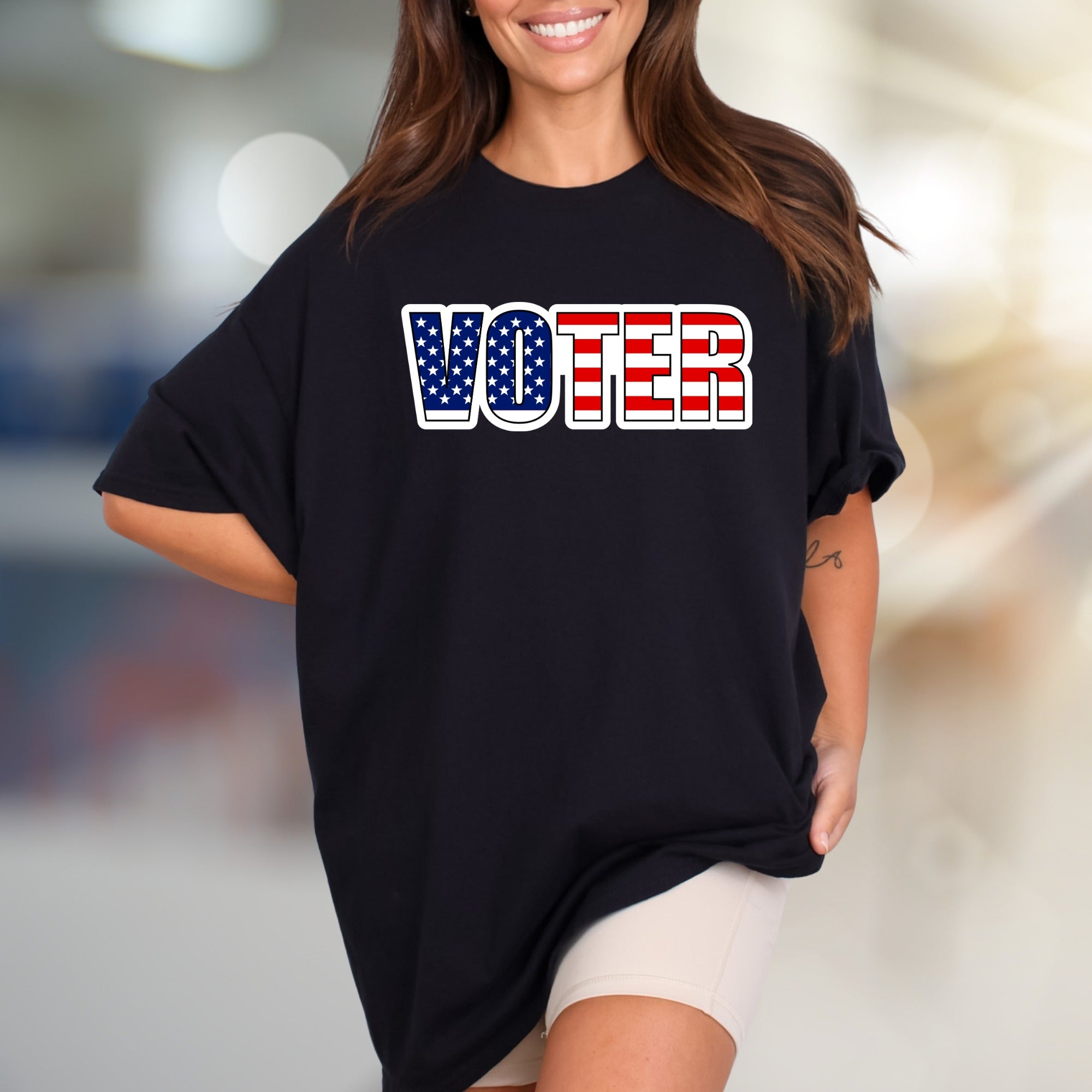 "VOTER" American Flag Graphic Tee, a Patriotic Pick for Engaged Citizens