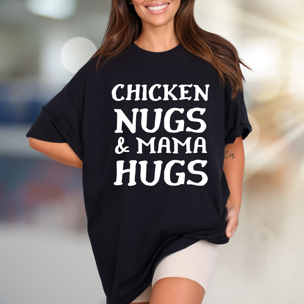 "Chicken Nugs & Mama Hugs" Whimsical Mom Life Graphic Tee, a Comfort-First Choice for Everyday