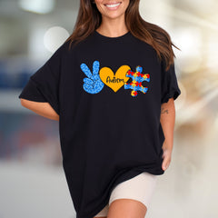 “Autism” Peace, Love & Puzzle Graphic Tee, a Supportive Awareness Pick for Advocates