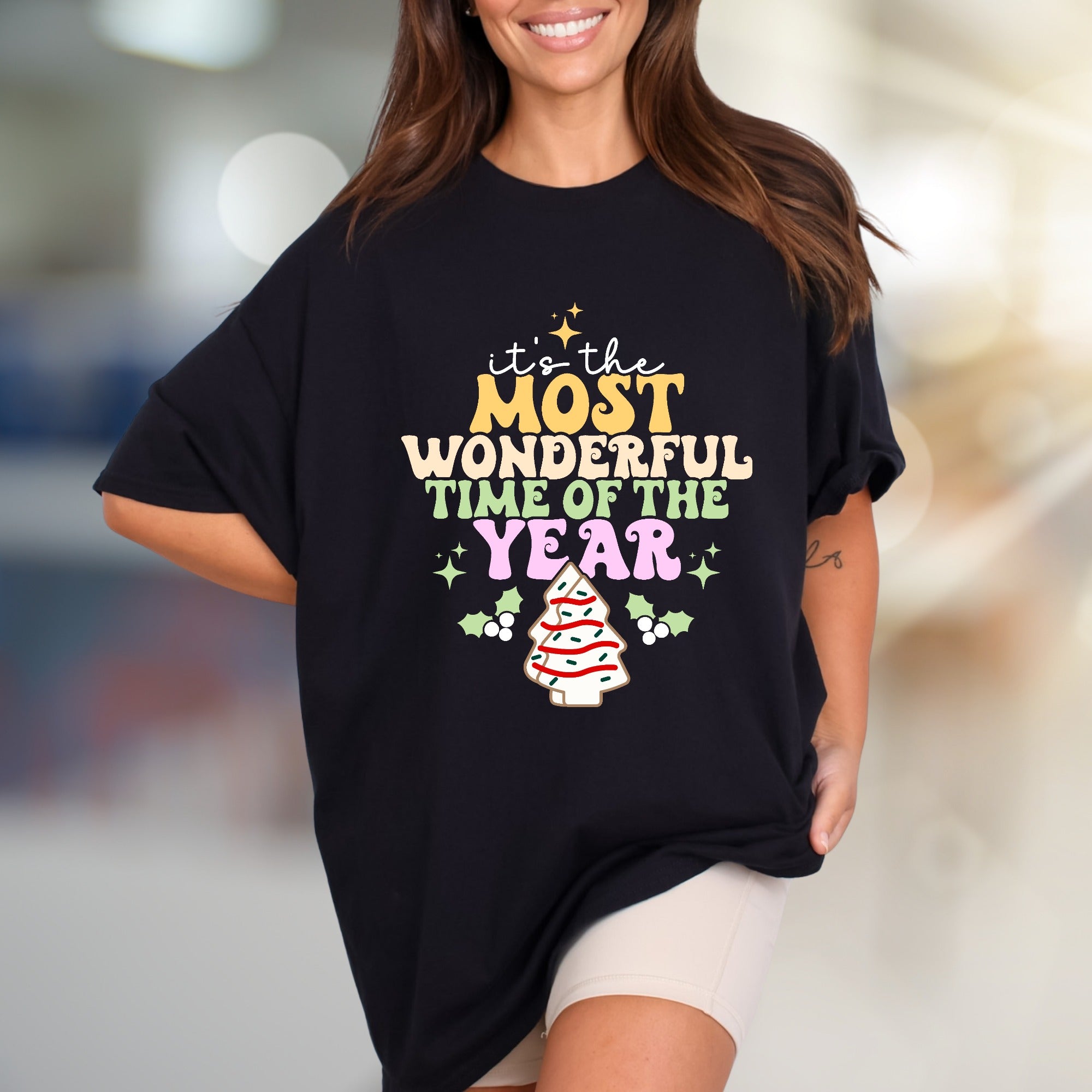 "It's the Most Wonderful Time of the Year" Whimsical Christmas Tree Graphic Tee, a Festive Holiday Pick for Everyone