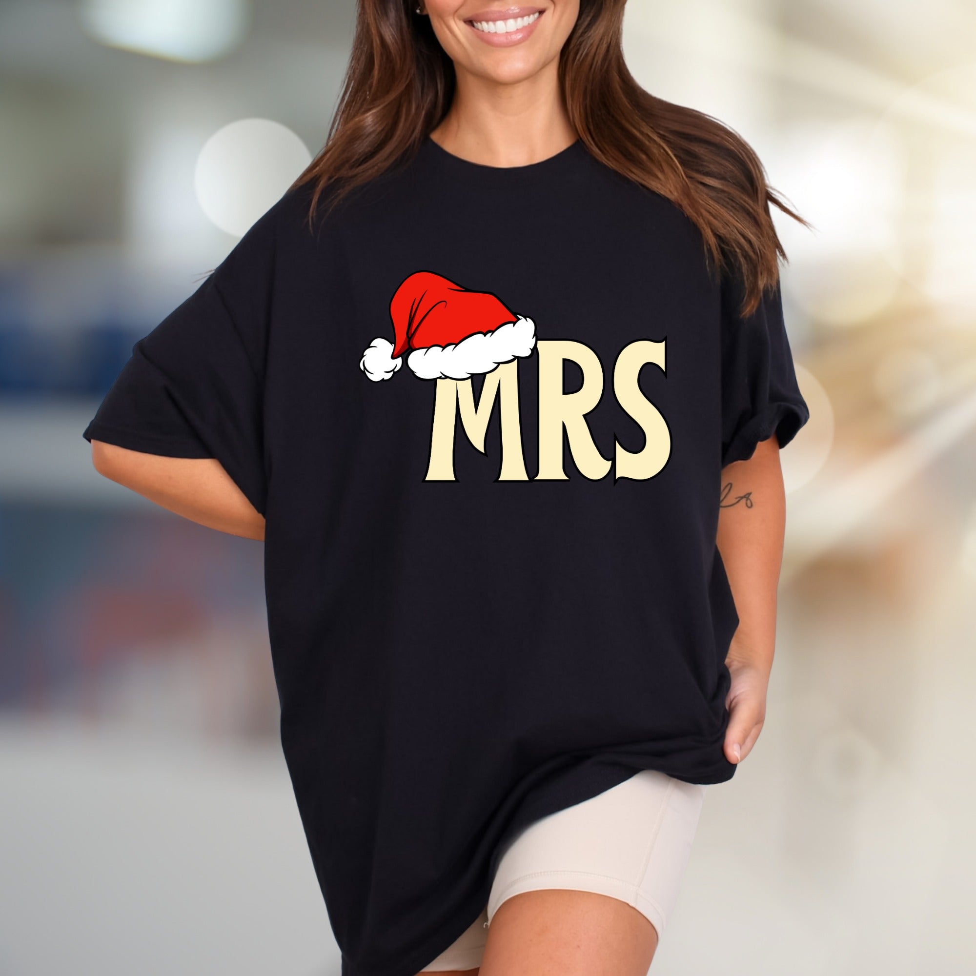 "MRS" Christmas Santa Hat Graphic Tee, a Festive Couple's Pick for Her