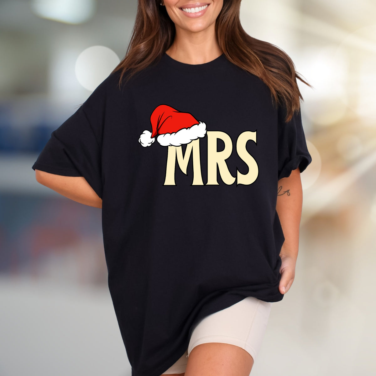 "MRS" Christmas Santa Hat Graphic Tee, a Festive Couple's Pick for Her