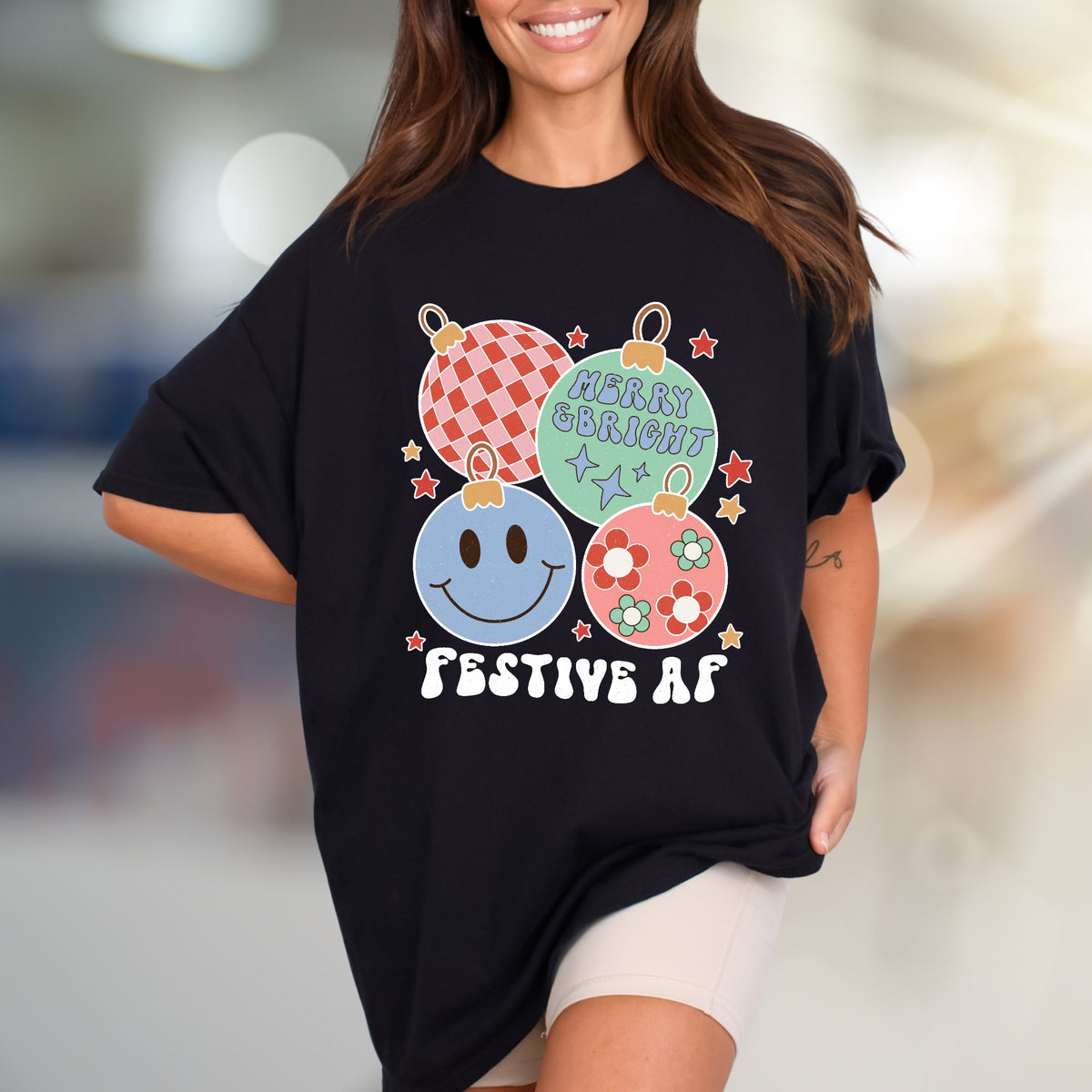 "Festive AF" Retro Holiday Ornaments Tee, a Groovy Christmas Pick for Everyone