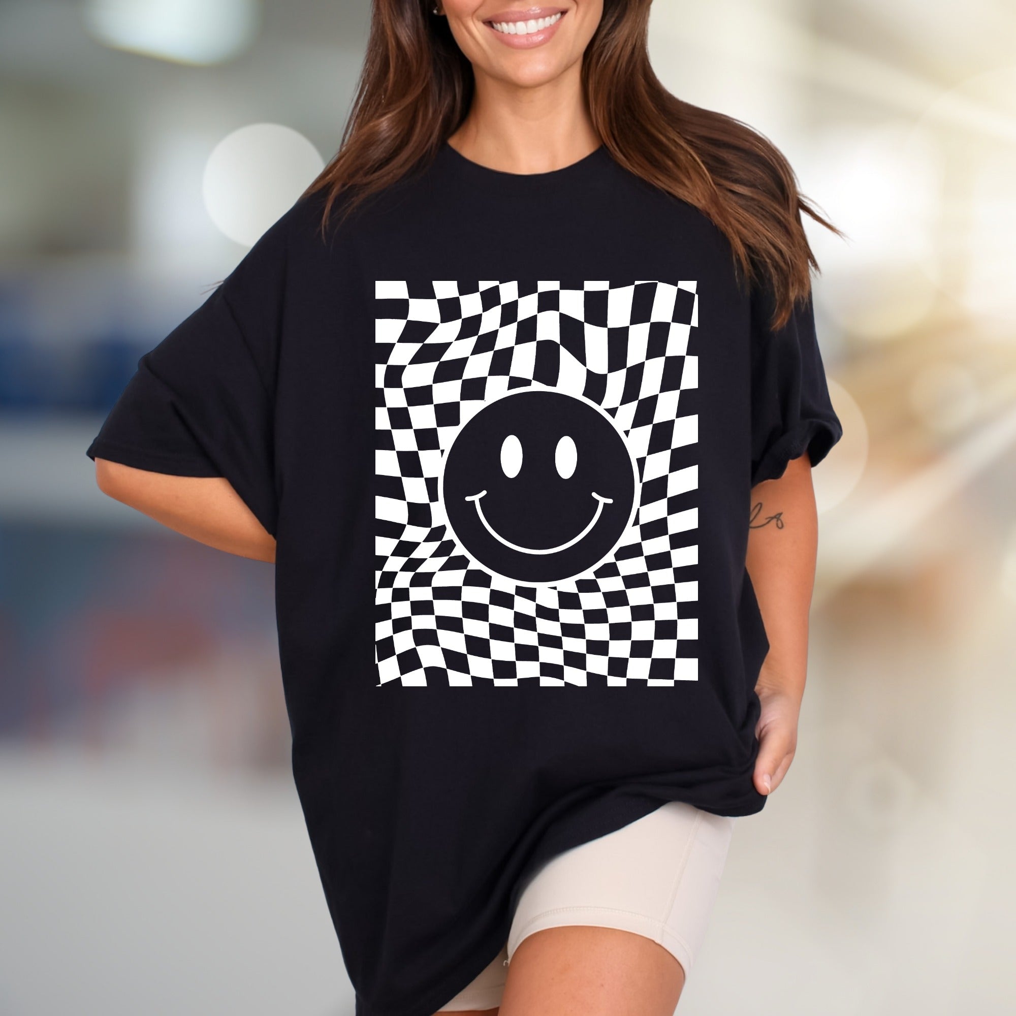 Warped Checkerboard Smiley Graphic Tee, A Retro-Inspired Pick for Free Spirits