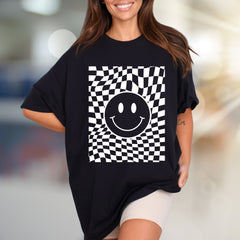 Warped Checkerboard Smiley Graphic Tee, A Retro-Inspired Pick for Free Spirits