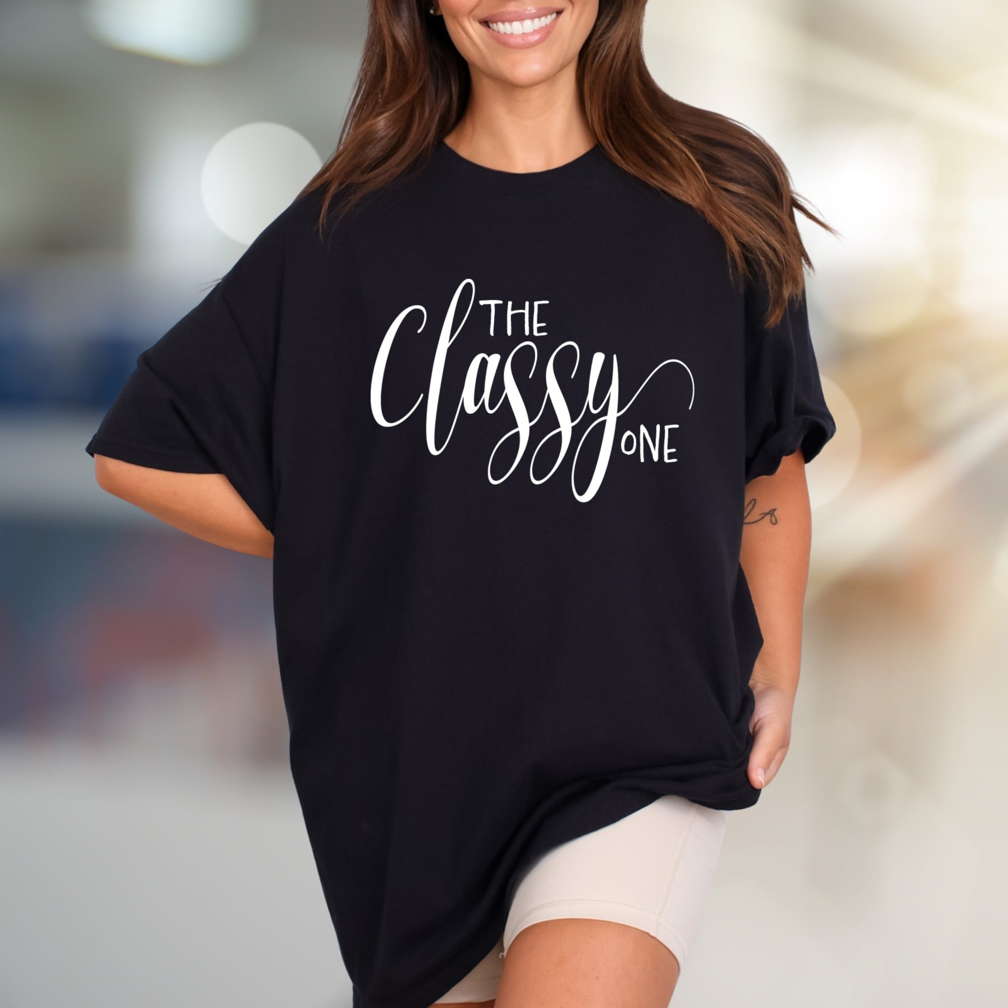 "THE Classy ONE" Elegant Script Graphic Tee, a Chic Statement for Her
