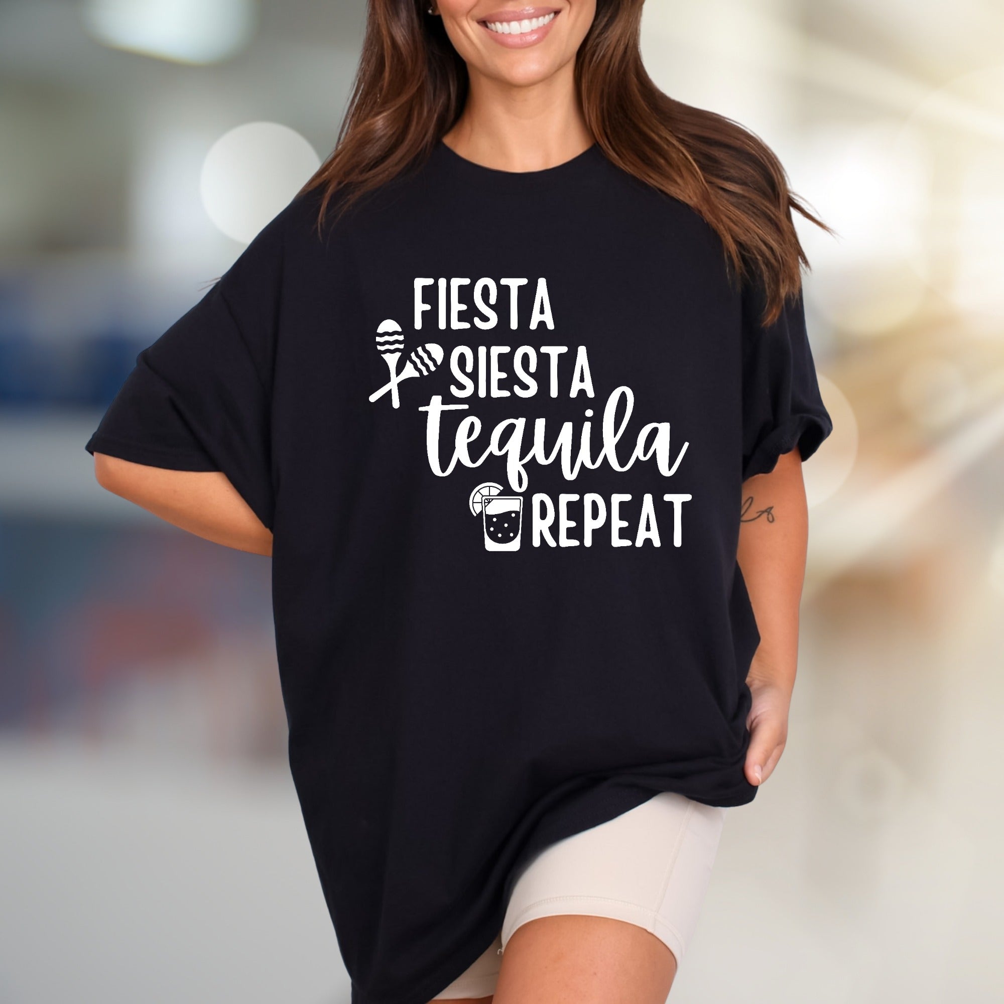 "FIESTA SIESTA TEQUILA REPEAT" Party Vibes Graphic Tee, a Fun Pick for Celebrators