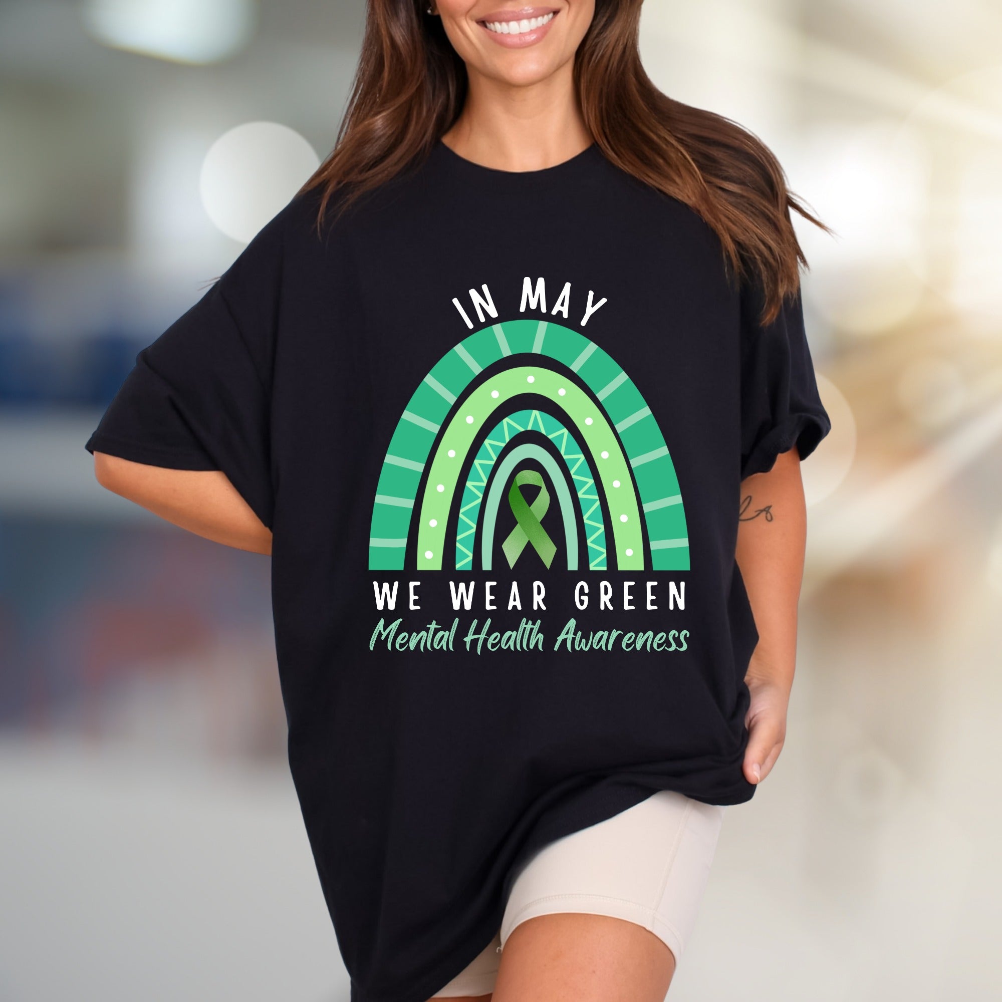 "IN MAY WE WEAR GREEN" Mental Health Awareness Rainbow Graphic Tee, a Supportive Expression for Advocates