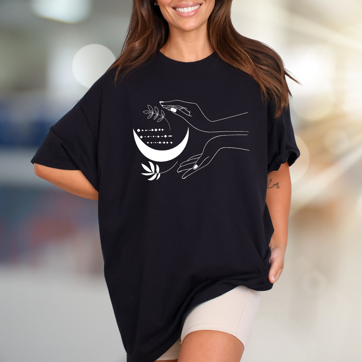 Moonlit Hands & Botanicals Graphic Tee, a Mystical Apparel for Spiritual Souls