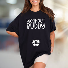 "Workout Buddy" Maternity Graphic Tee, a Pregnancy-Fit Pick for Expecting Moms