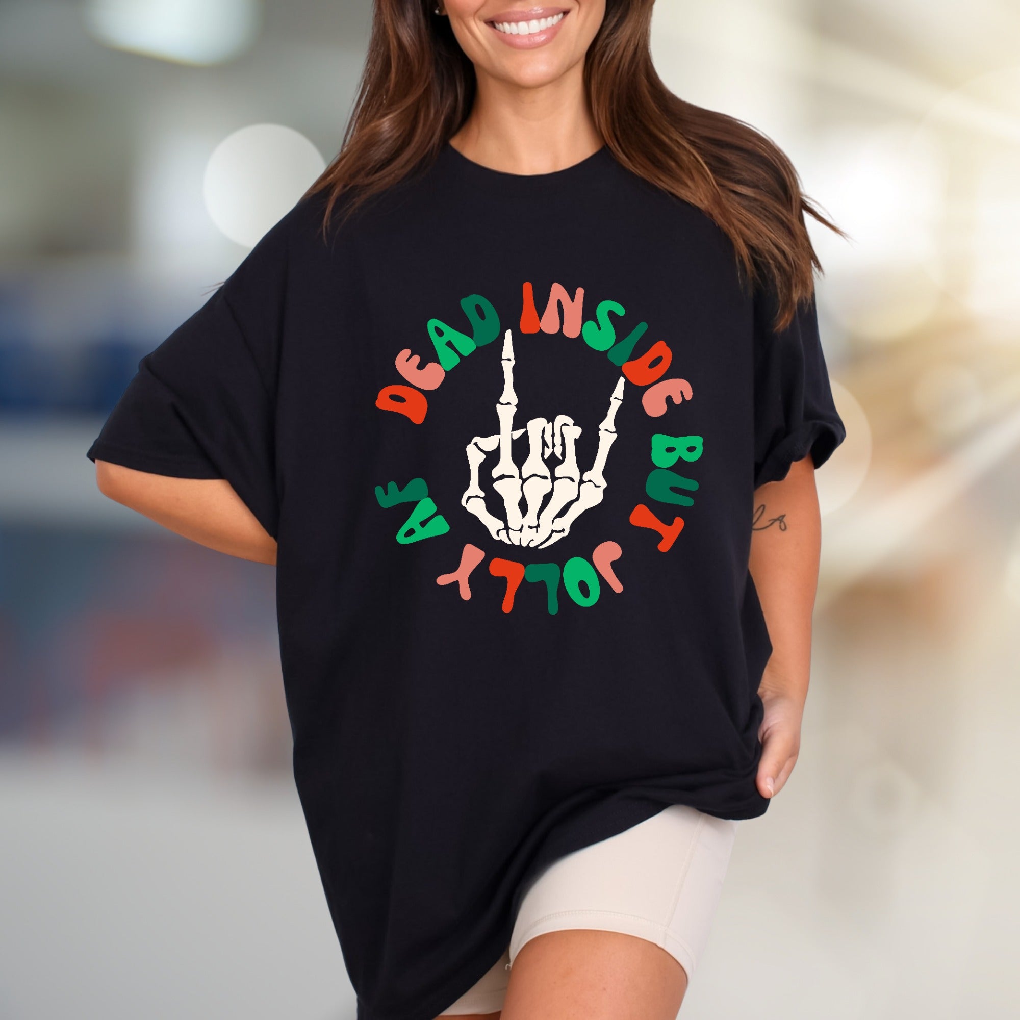 "Dead Inside But Jolly AF" Christmas Skeleton Graphic Tee, a Witty Holiday Pick for Festive Souls