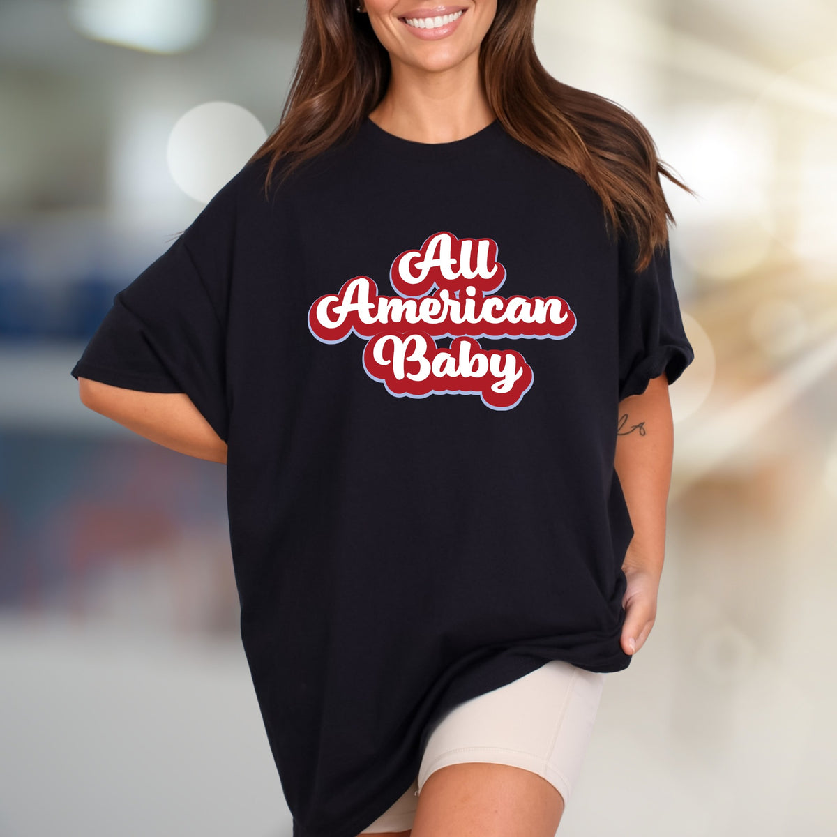 "All American Baby" Retro Graphic Tee, a Patriotic Pick for Her