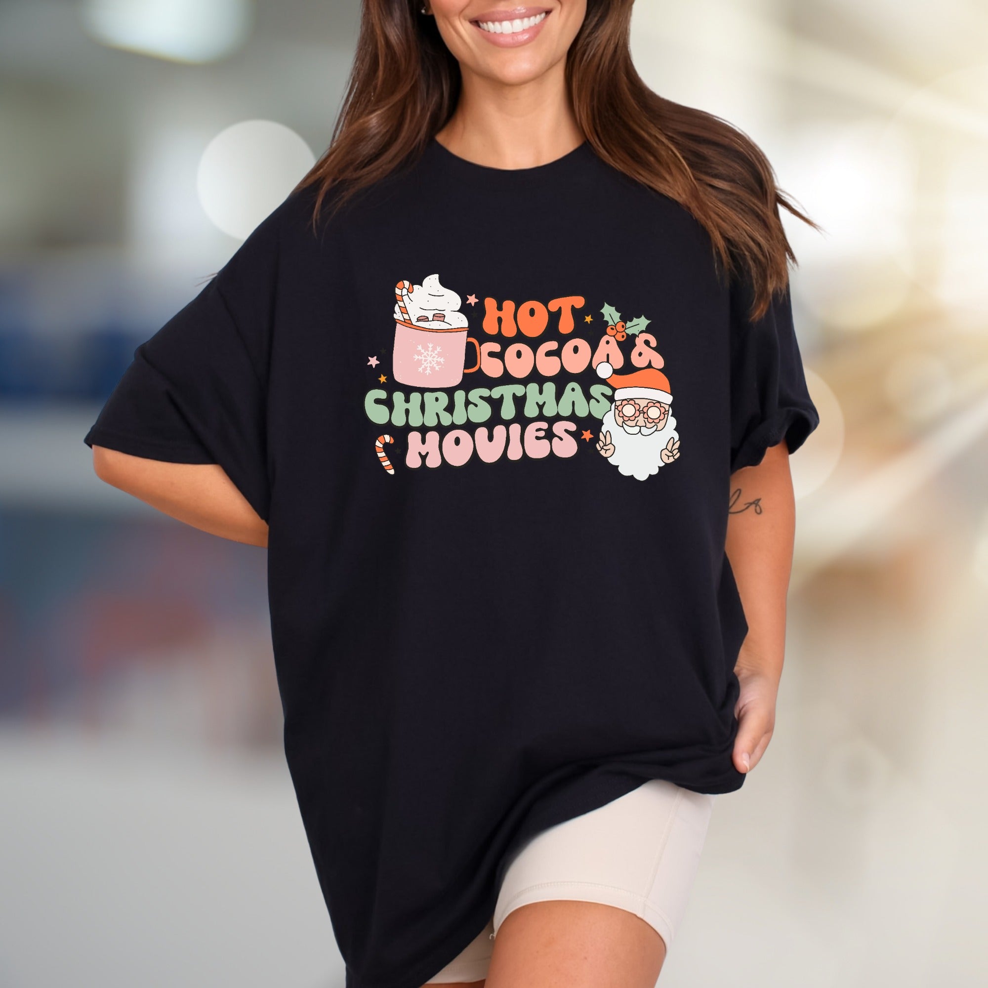 "Hot Cocoa & Christmas Movies" Retro Graphic Tee, a Festive Comfort Pick for Holiday Enthusiasts