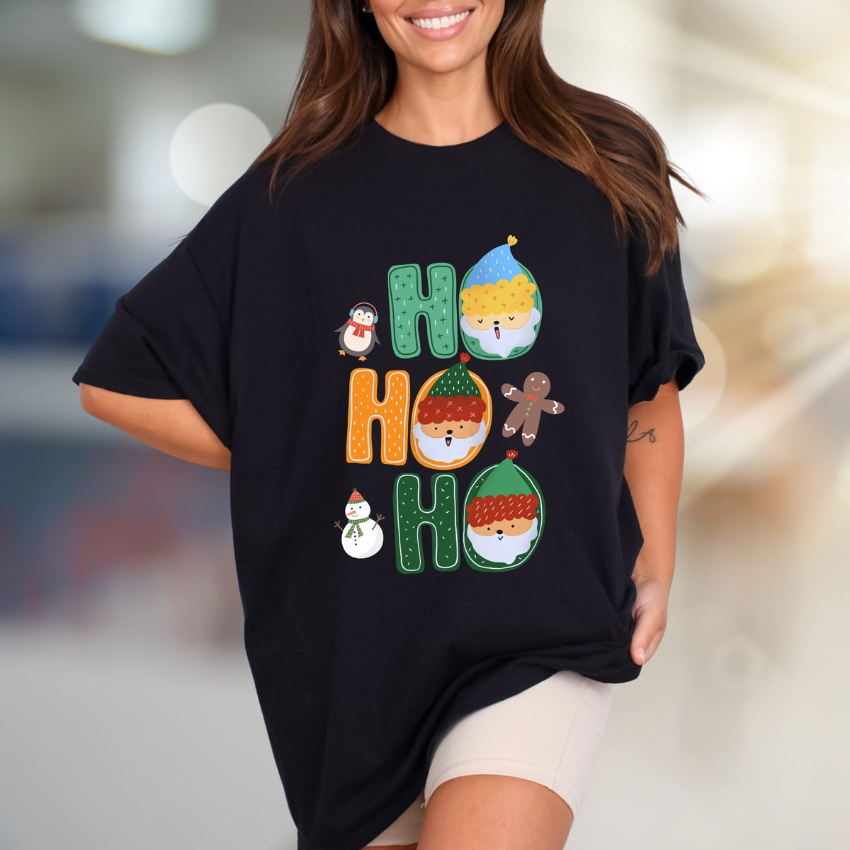 "HO HO HO" Christmas Characters Graphic Tee, a Festive Holiday Pick for Merrymakers