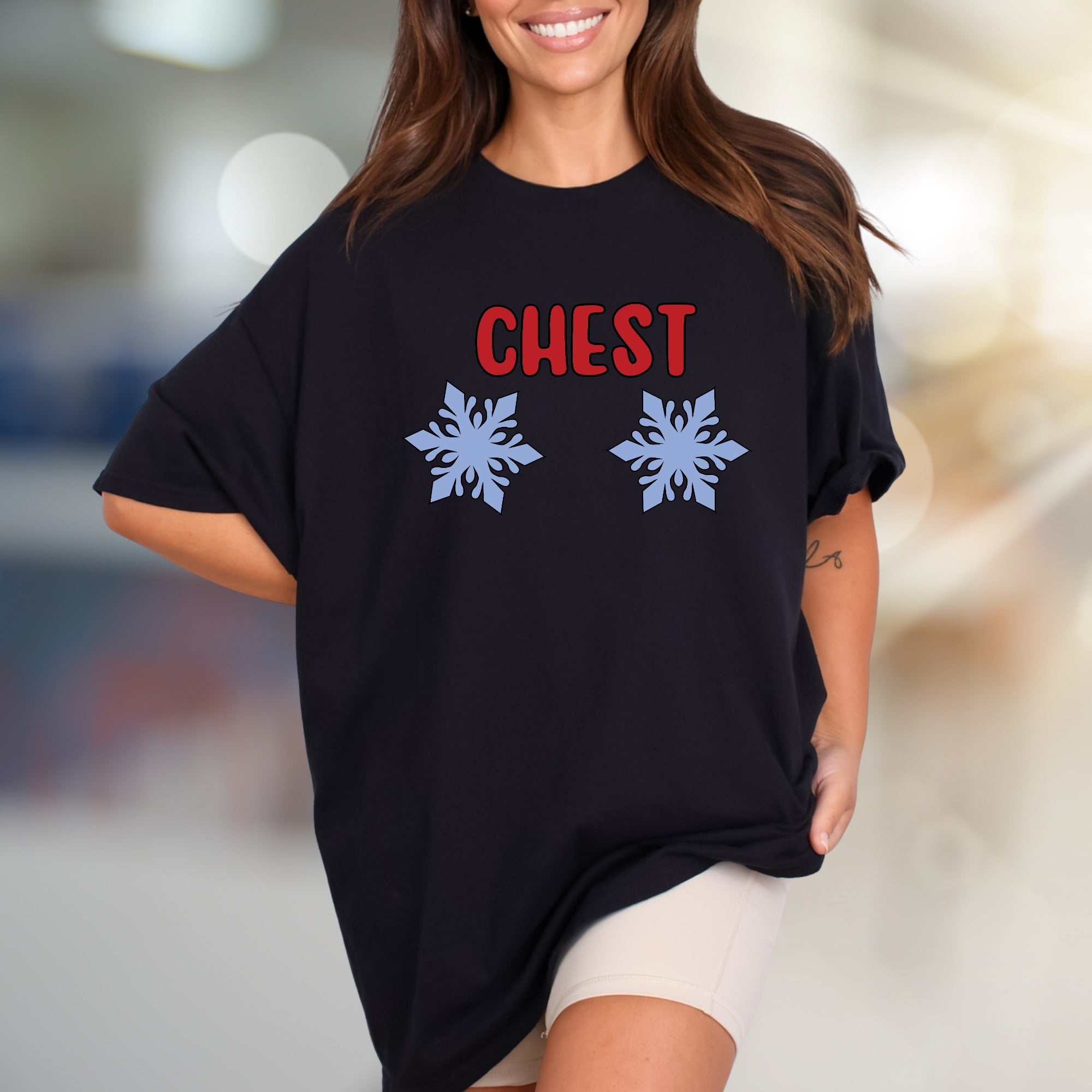 "CHEST" Snowy Snowflake Graphic Tee, a Witty Winter Pick for Fun-Lovers