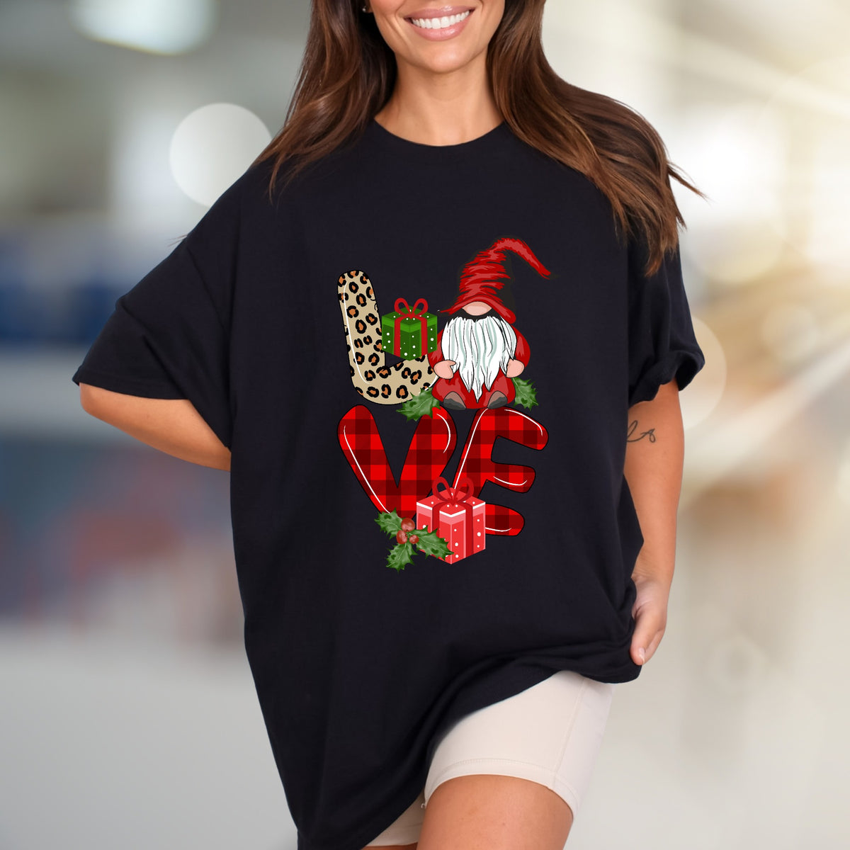 "LOVE" Gnome Leopard Plaid Graphic Tee, a Festive Holiday Gift for Her