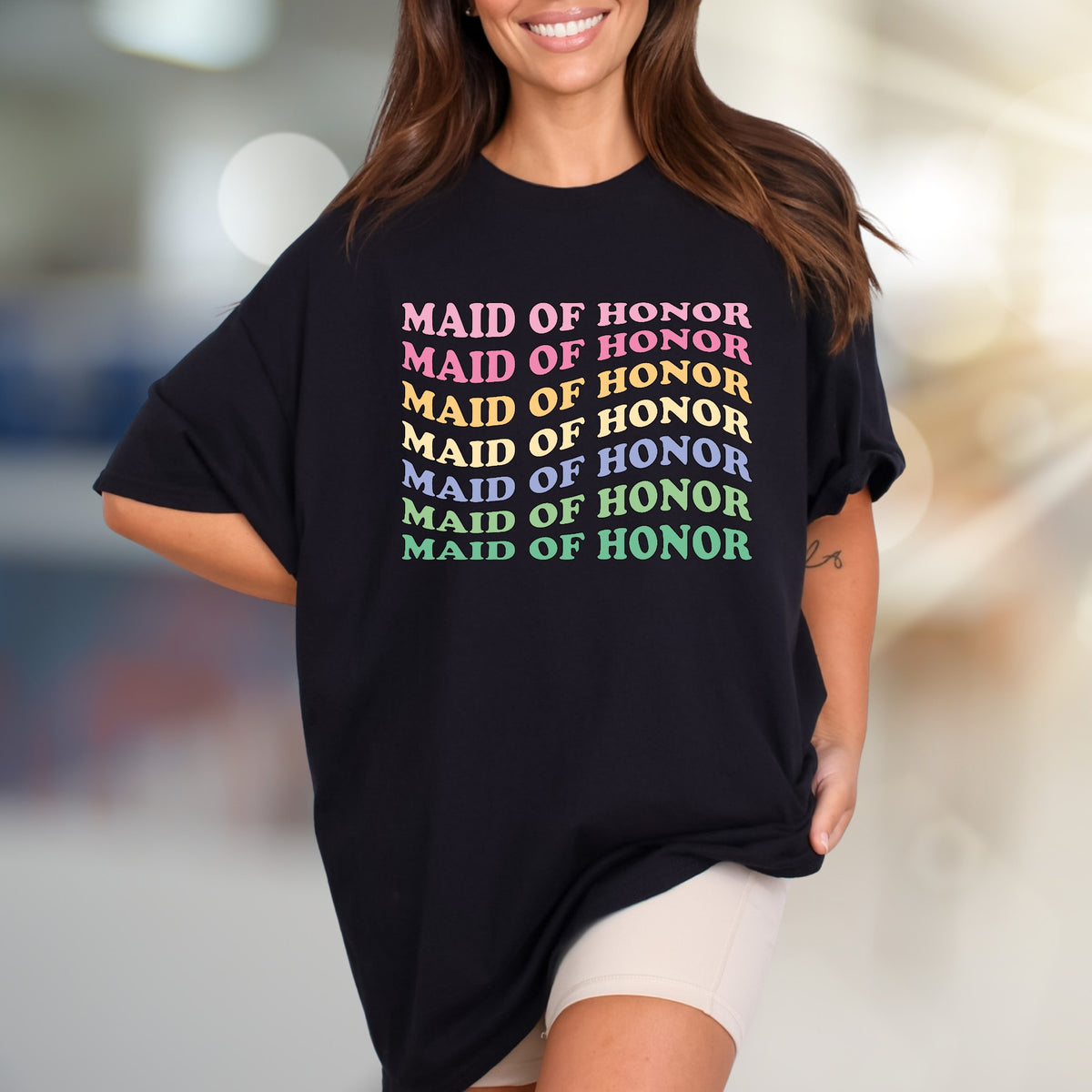 "Maid of Honor" Rainbow Retro Graphic Tee, a Bridal Party Pick for Her