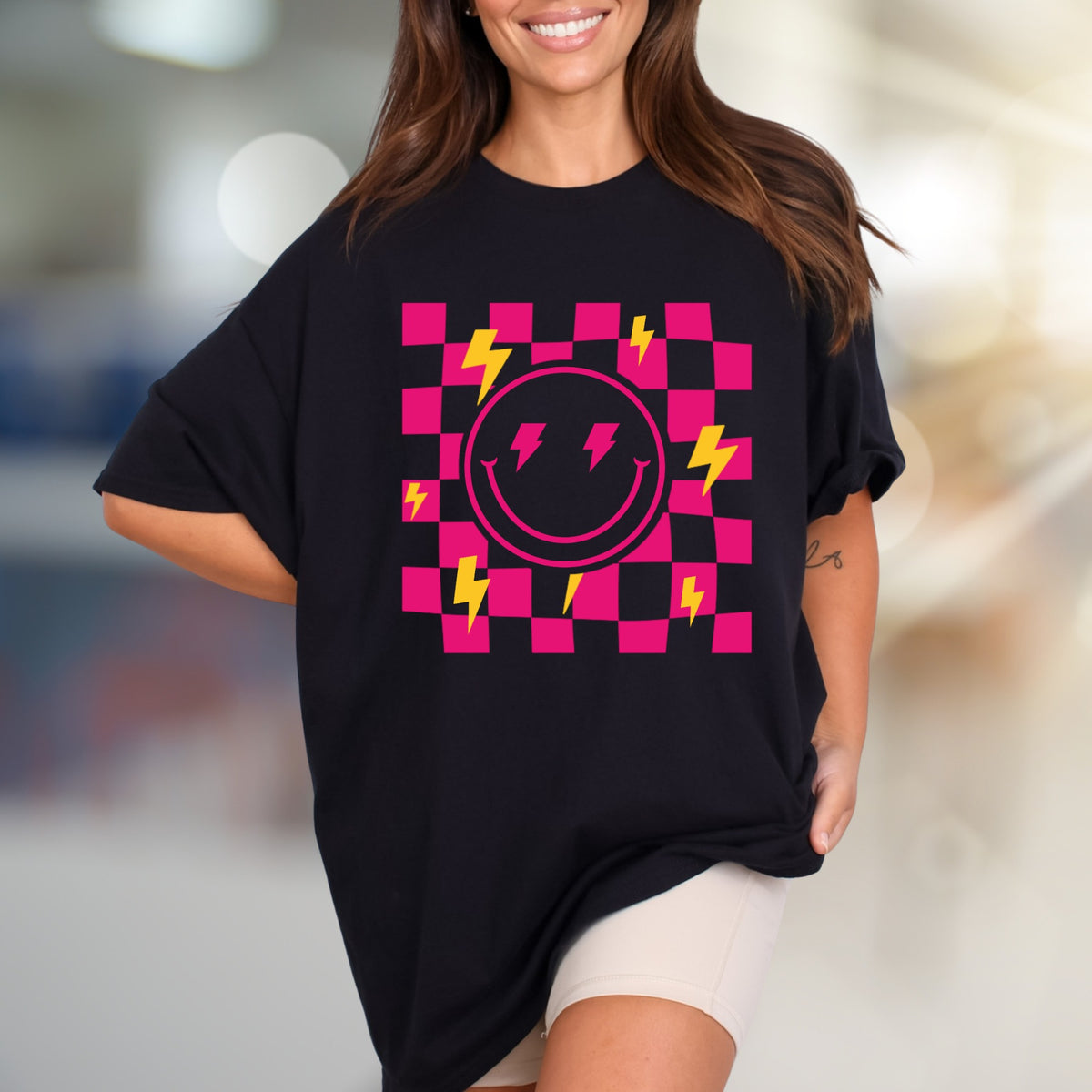 Neon Checkerboard Lightning Smiley Face Graphic Tee, a Bold Y2K Pick for Trendsetters