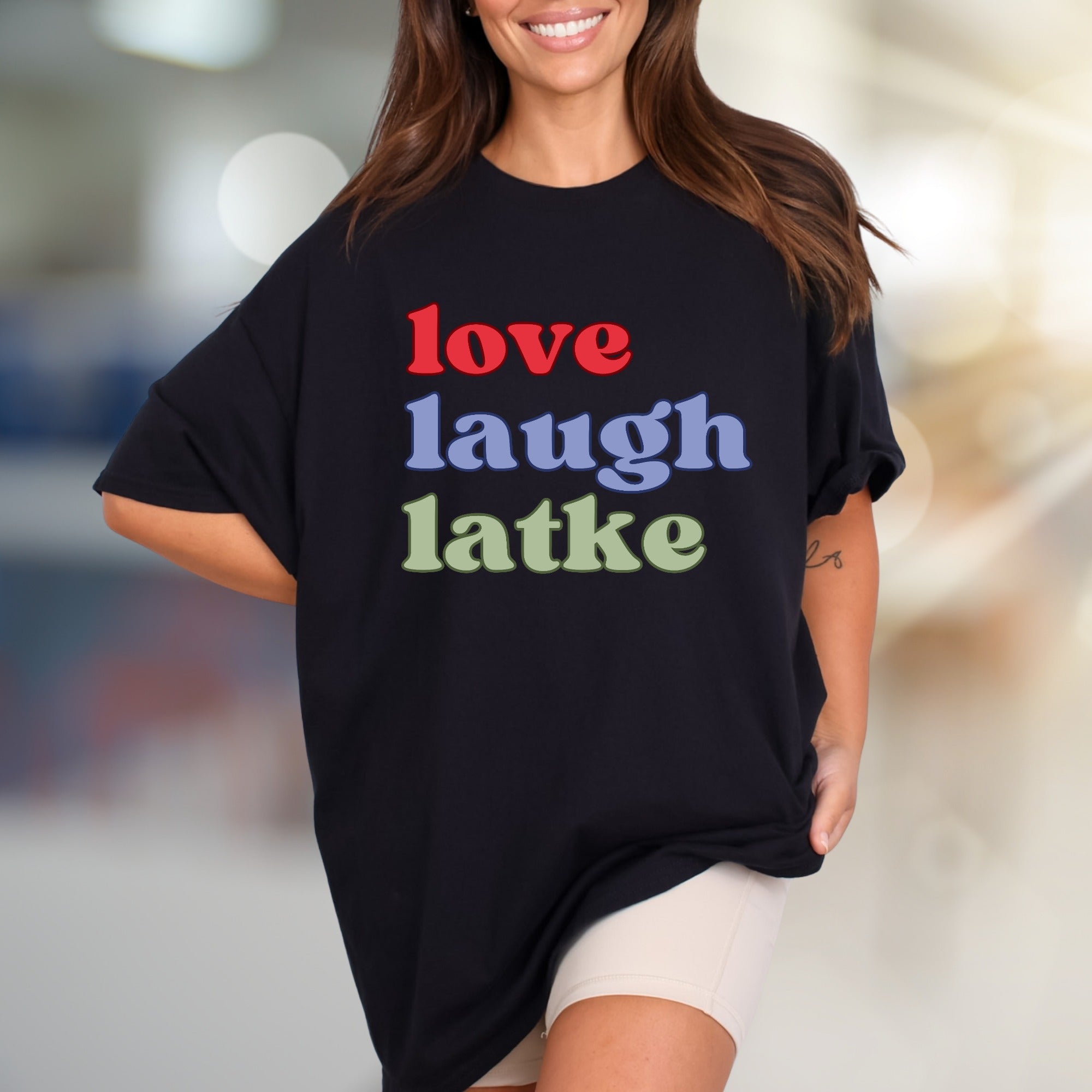"love laugh latke" Whimsical Foodie Graphic Tee, a Humorous Pick for Latke Lovers