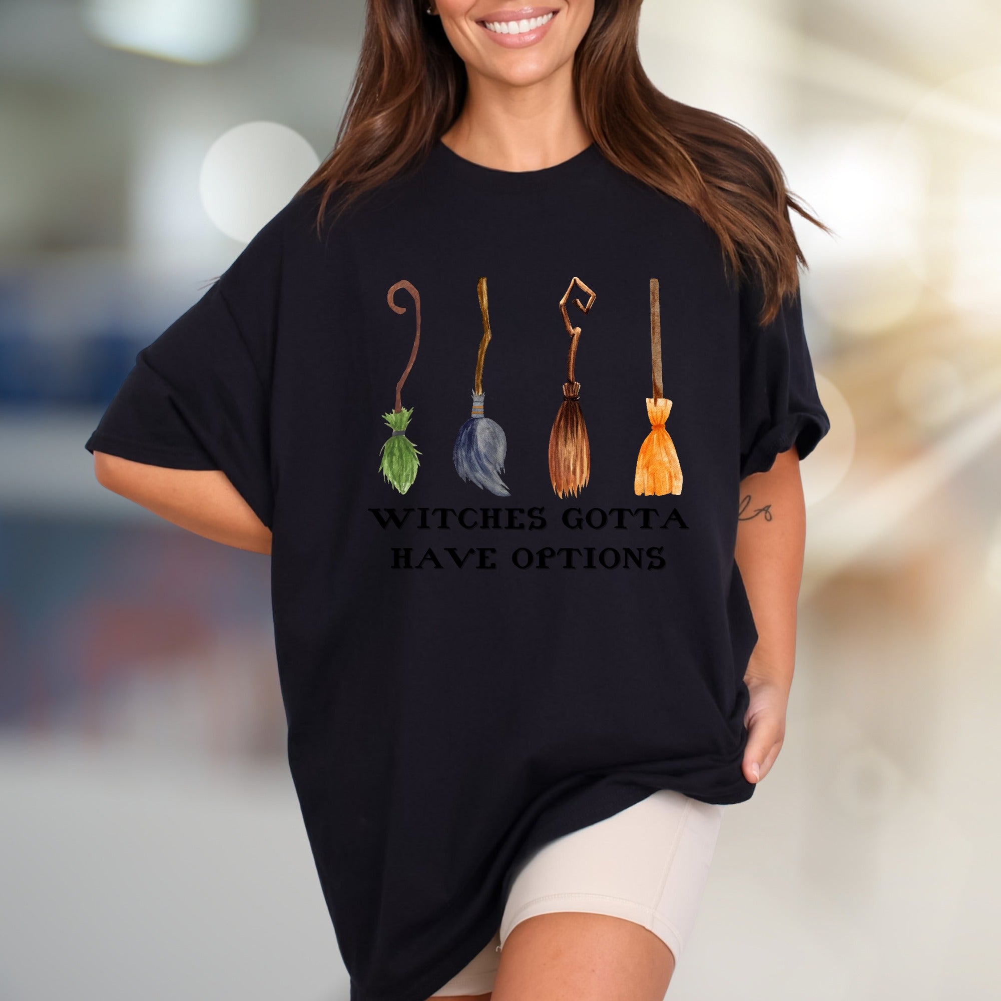 "Witches Gotta Have Options" Halloween Broomstick Graphic Tee, a Spooky Chic Pick for Witches