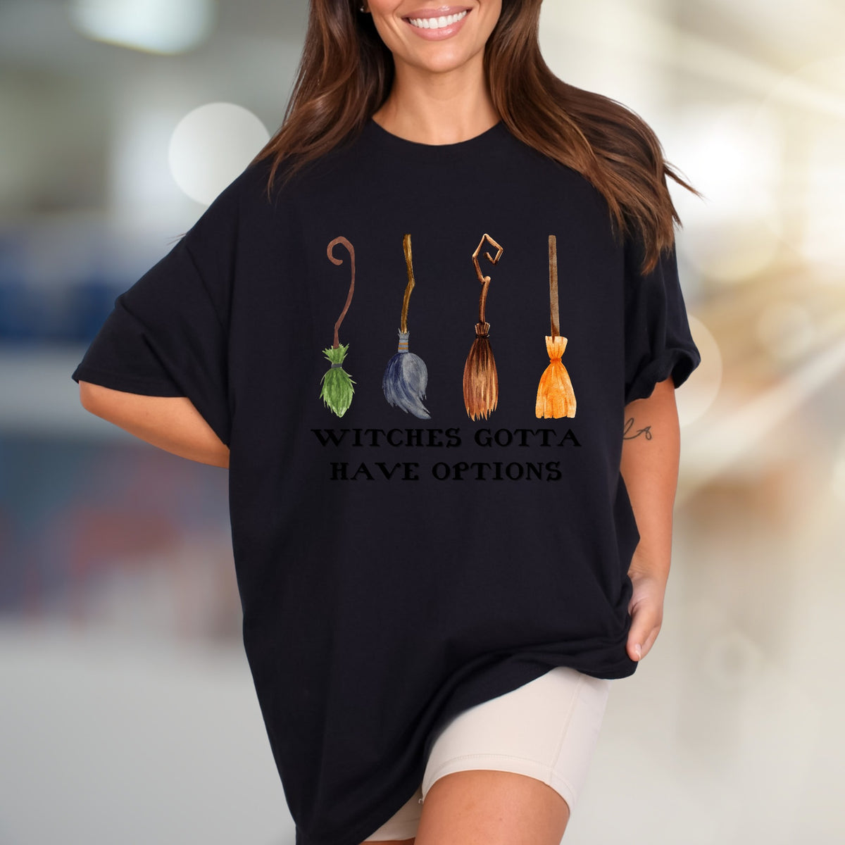 "Witches Gotta Have Options" Halloween Broomstick Graphic Tee, a Spooky Chic Pick for Witches