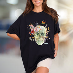 Floral Skull Watercolor Graphic Tee, a Nature-Inspired Pick for Art Lovers