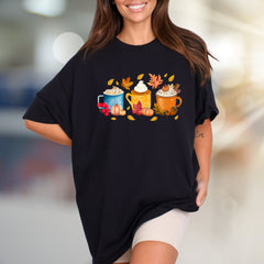 Autumn Coffee Mug Collage Graphic Tee, a Cozy Fall Fashion Pick for PSL Lovers