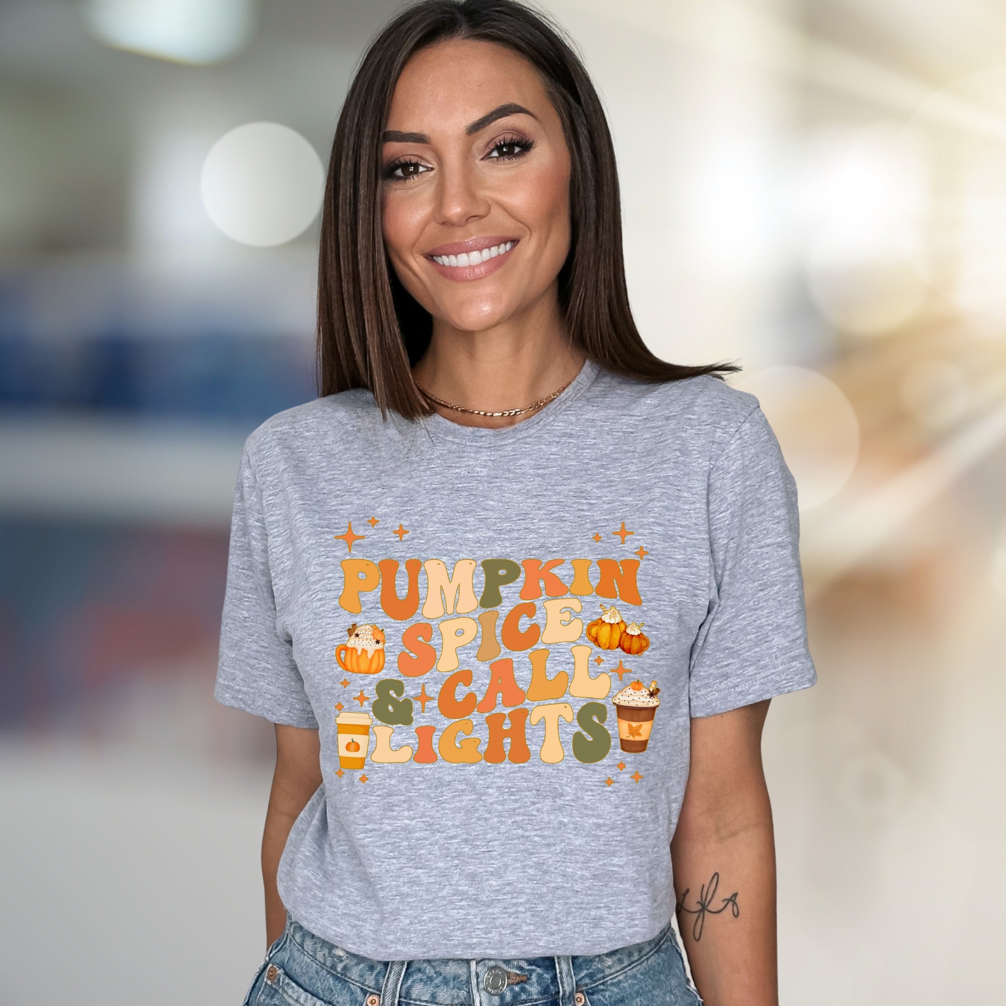 "Pumpkin Spice & Call Lights" Retro Fall Graphic Tee, a Seasonal Comfort Pick for Autumn Lovers