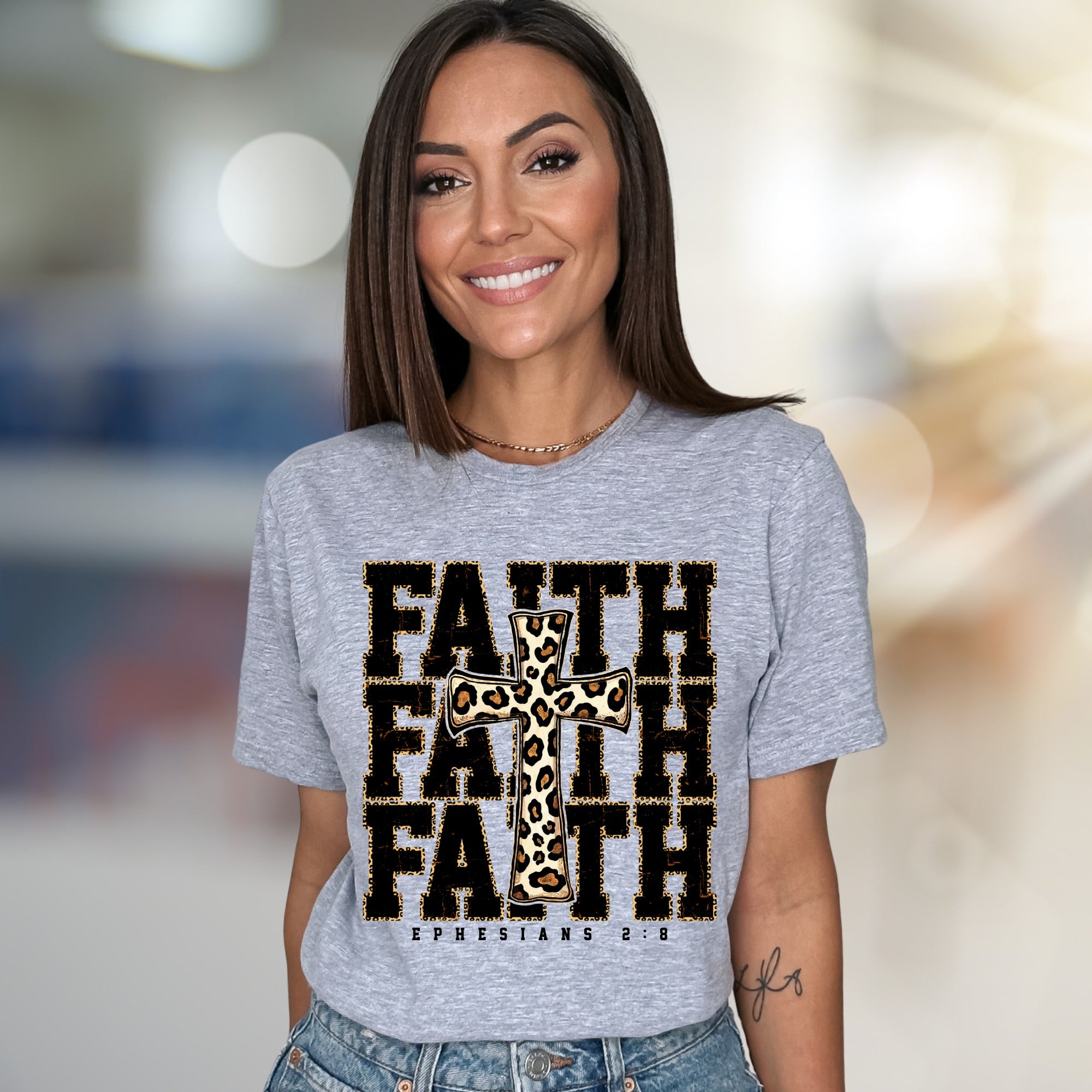 "Faith Ephesians 2:8" Leopard Print Cross Graphic Tee, a Spiritual Boho Pick for Believers