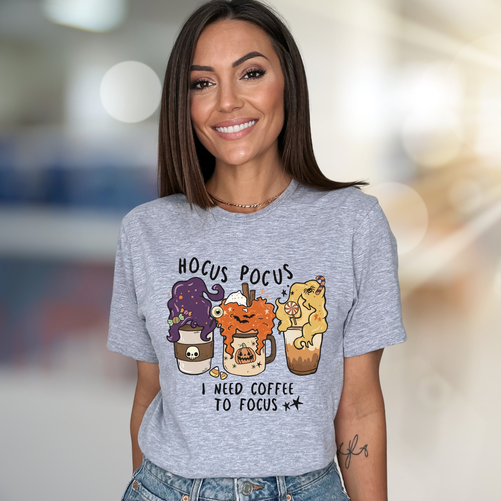 "Hocus Pocus I Need Coffee to Focus" Halloween Coffee Graphic Tee, a Spooky Funny Pick for Caffeine Lovers