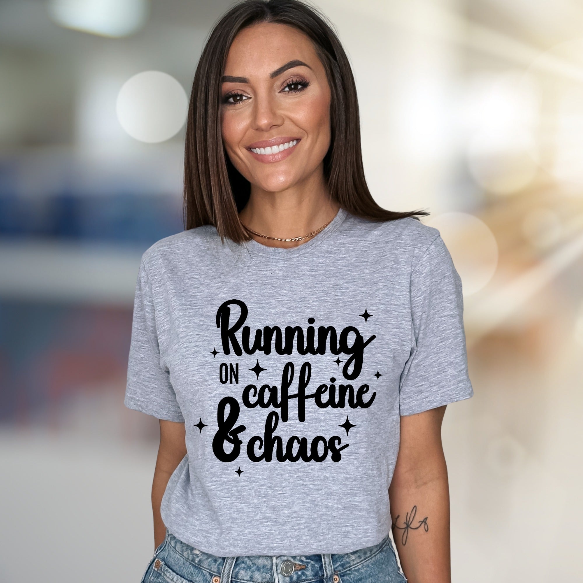 "Running on Caffeine & Chaos" Graphic Tee, a Witty Pick for Coffee Lovers