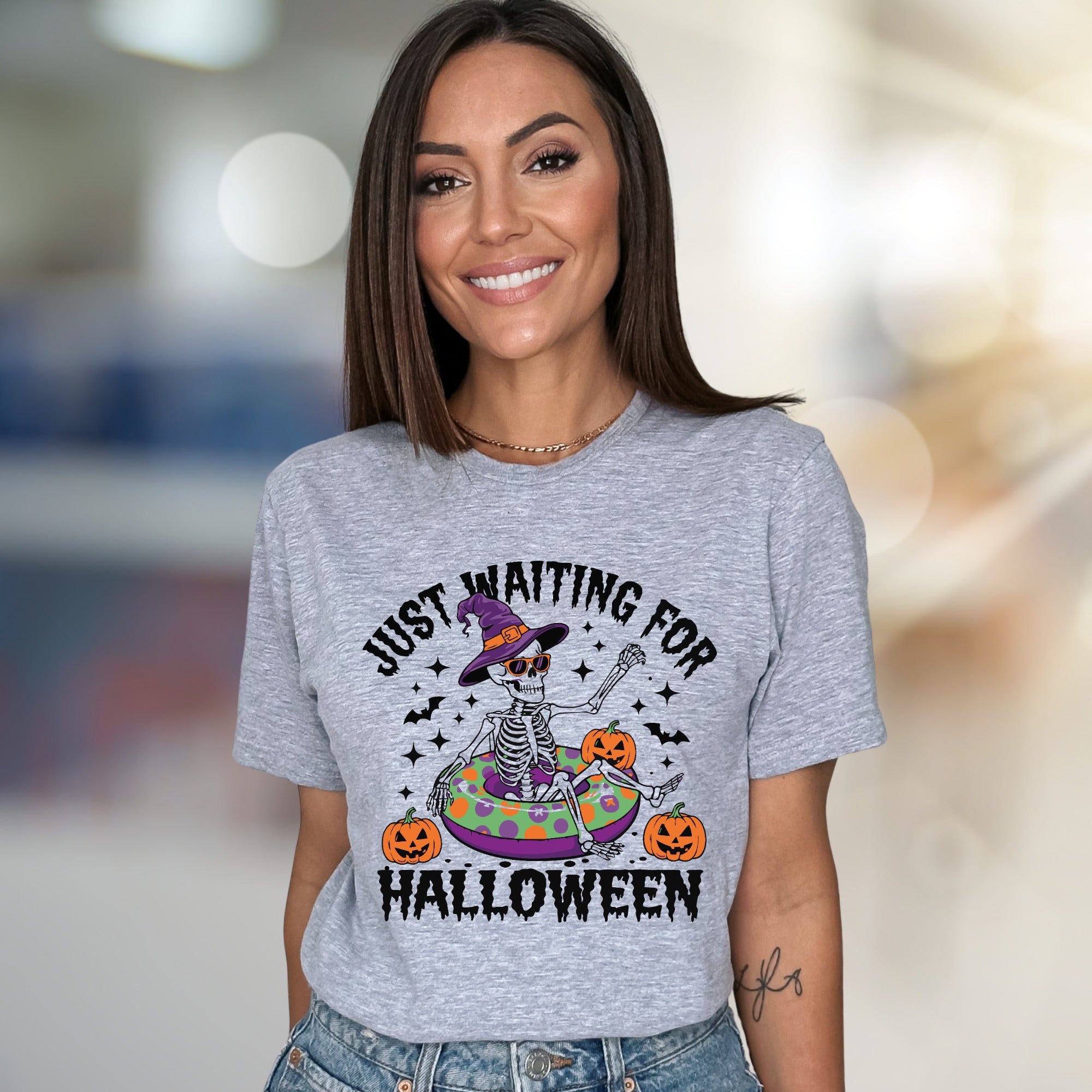 "JUST WAITING FOR HALLOWEEN" Spooky Skeleton Graphic Tee, a Funny Holiday Pick for Spooky Season Lovers