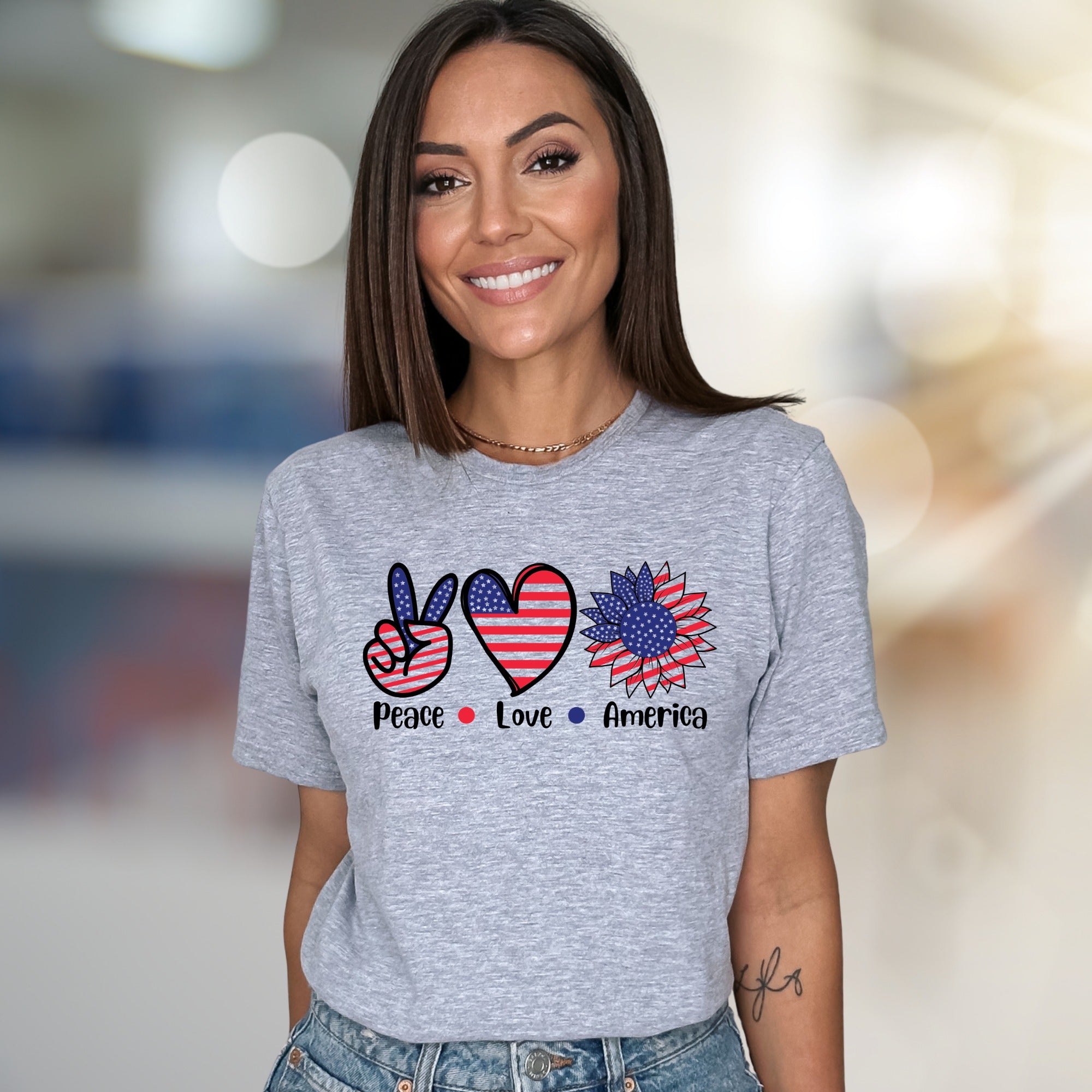 "Peace Love America" Patriotic Sunflower Graphic Tee, a Summer Celebration Pick for Everyone